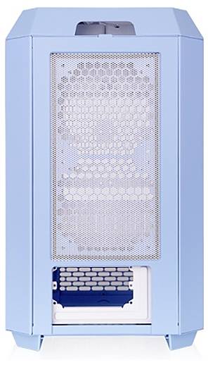 Boîtier PC rectangulaire bleu clair avec grille de ventilation sur le côté et compartiment inférieur ouvert.