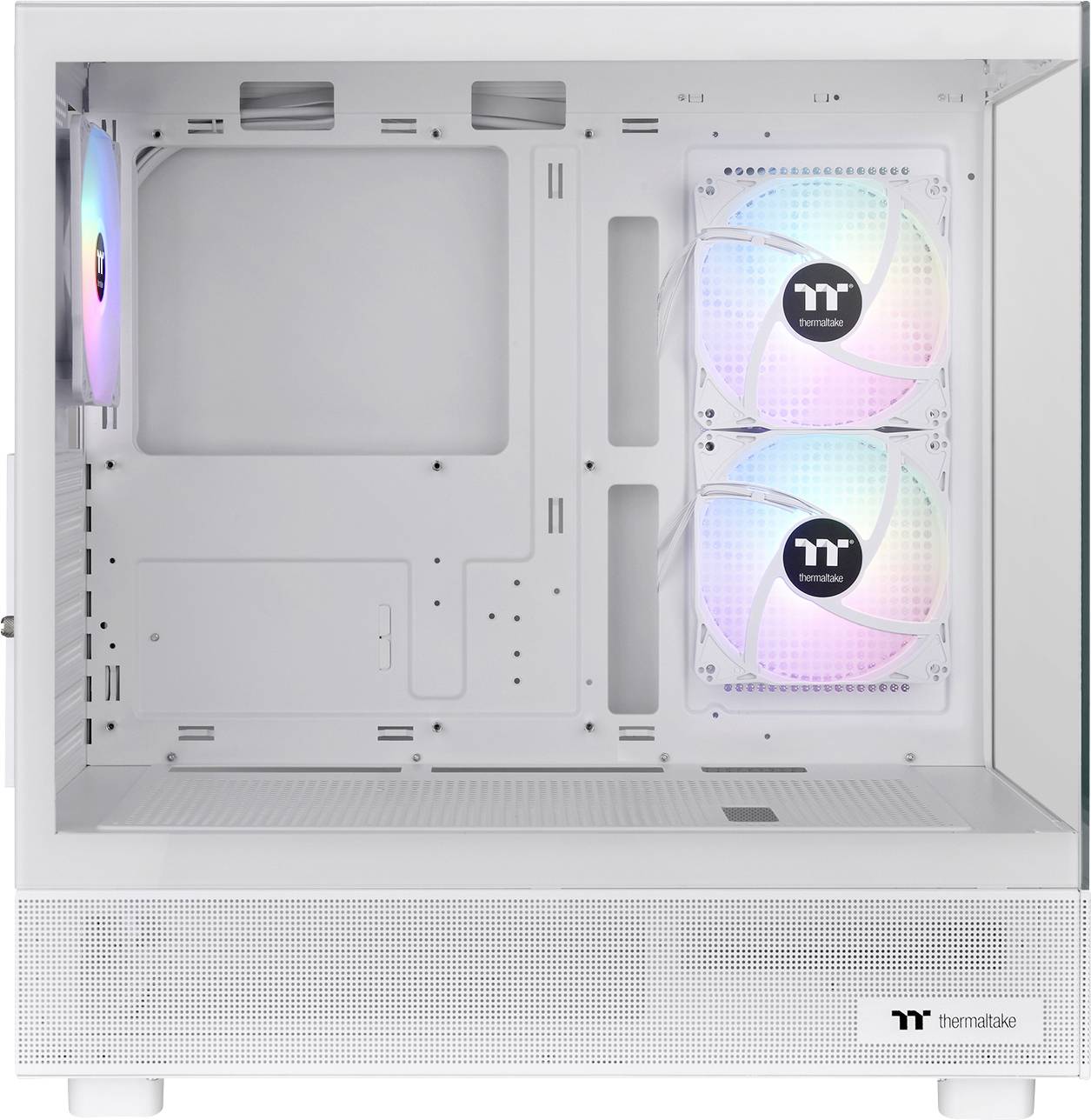 Boîtiers d'ordinateur blancs avec paroi latérale transparente montrant deux ventilateurs de refroidissement avec éclairage RVB, la marque 'Thermaltake' est visible.