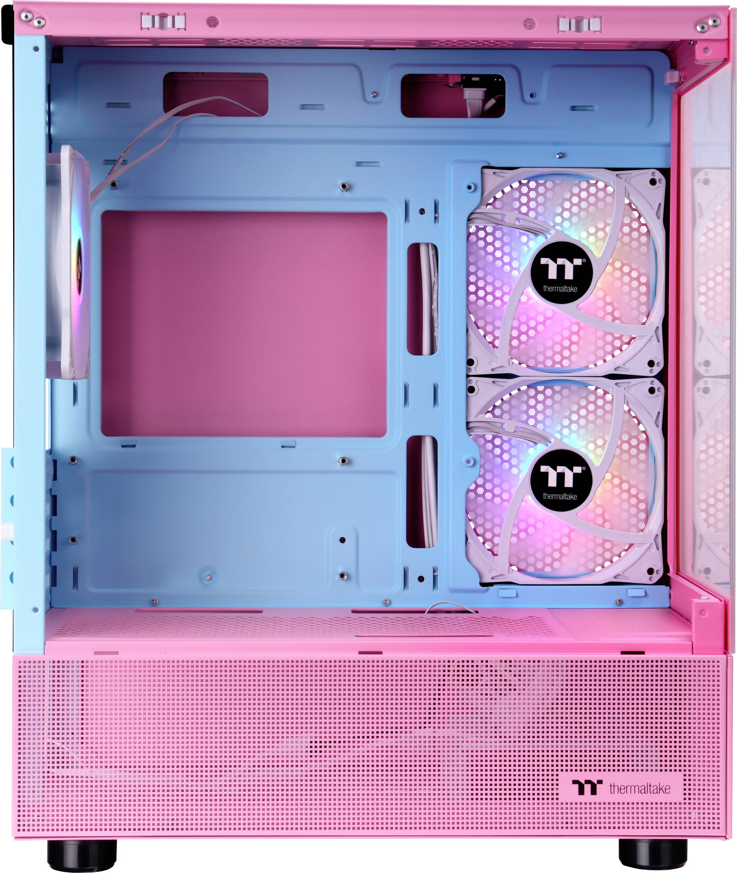 Un intérieur de boîtier d'ordinateur vide dans des tons de rose et de bleu avec deux ventilateurs lumineux sur le côté droit.