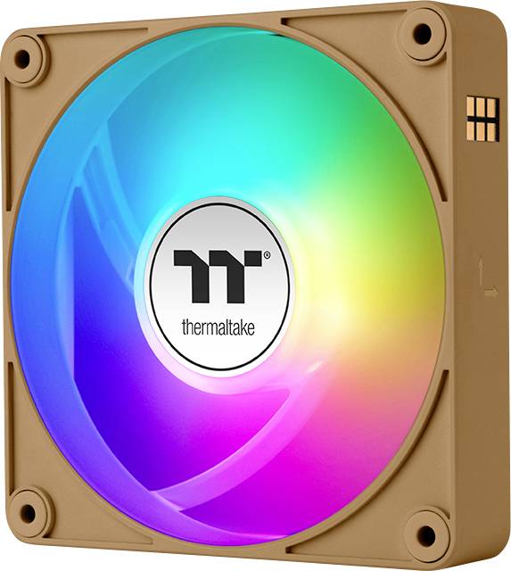 Un ventilateur carré avec éclairage RGB coloré et le logo 'Thermaltake' au centre. Le cadre est marron.