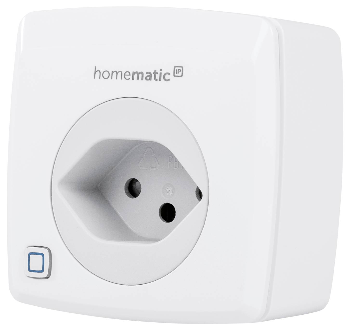 Prise intelligente blanche de la marque 'Homematic IP', équipée d'un bouton bleu en bas à gauche, destinée au contrôle intelligent des appareils électriques.