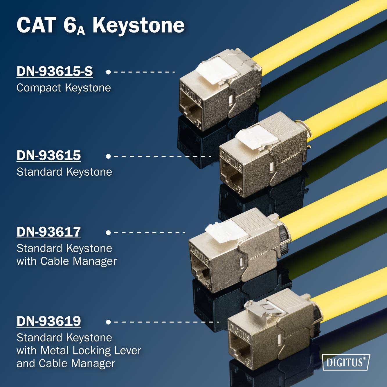 Connecteurs Keystone CAT 6A sur fond bleu. Variantes avec levier métallique, gestion de câble et connexion standard. Marquage : 'DIGITUS'.