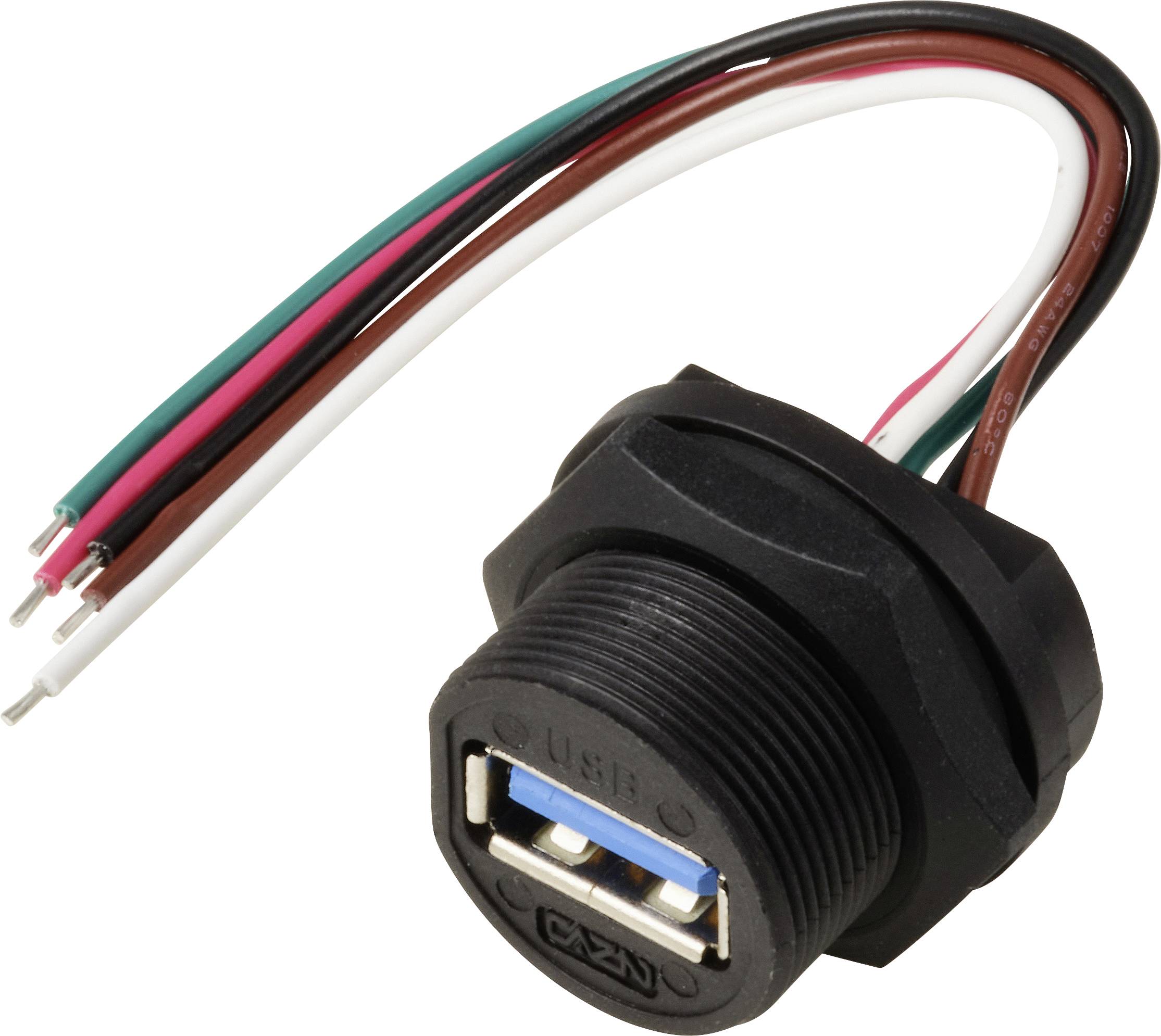 Une prise USB 3.0 à montage sur panneau avec cinq fils attachés (rouge, vert, blanc, noir, marron) utilisée pour connecter des appareils électroniques.