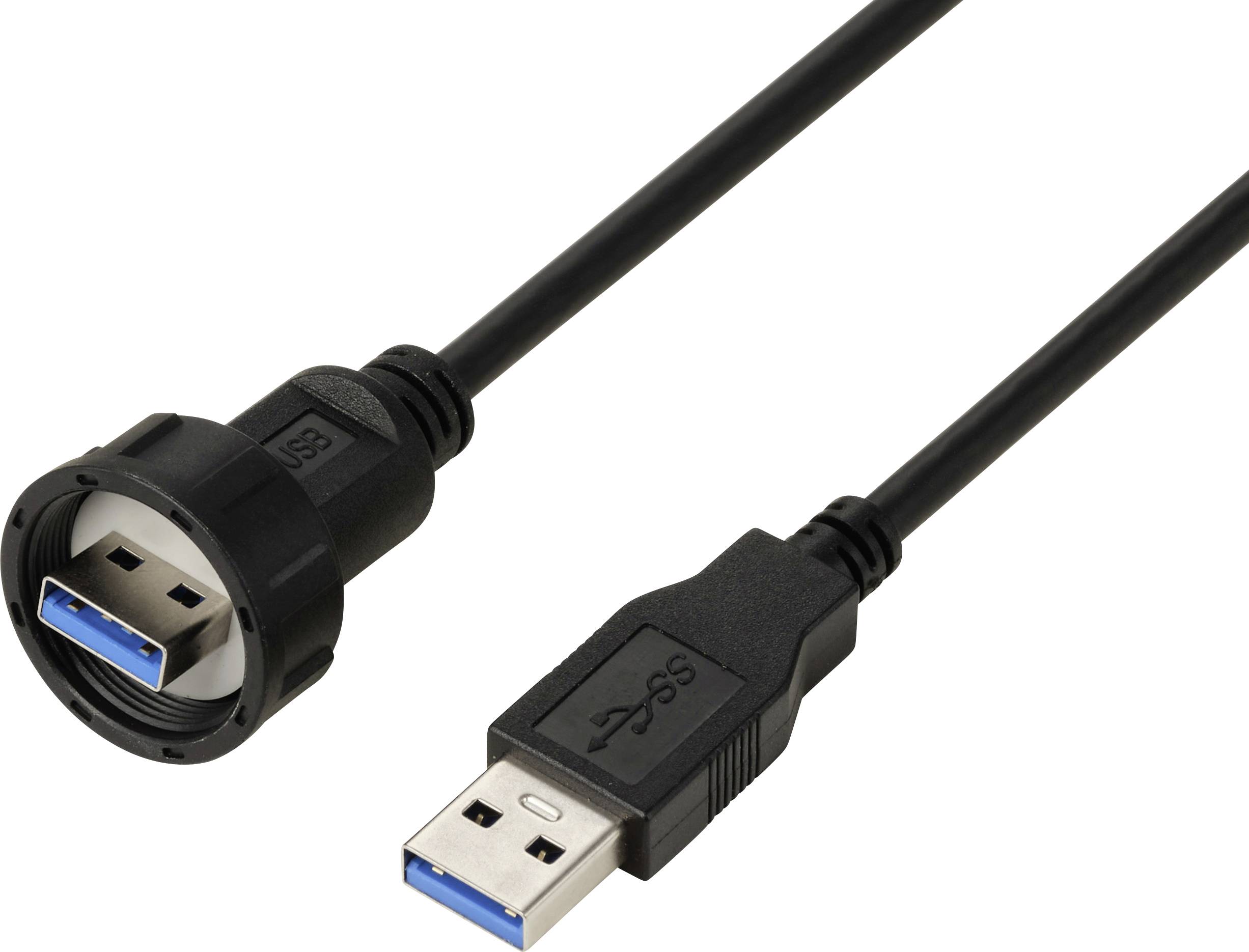 Câble USB 3.0 avec connecteur mâle à gauche et connecteur USB Type-A à droite. Adapté pour un transfert de données rapide.