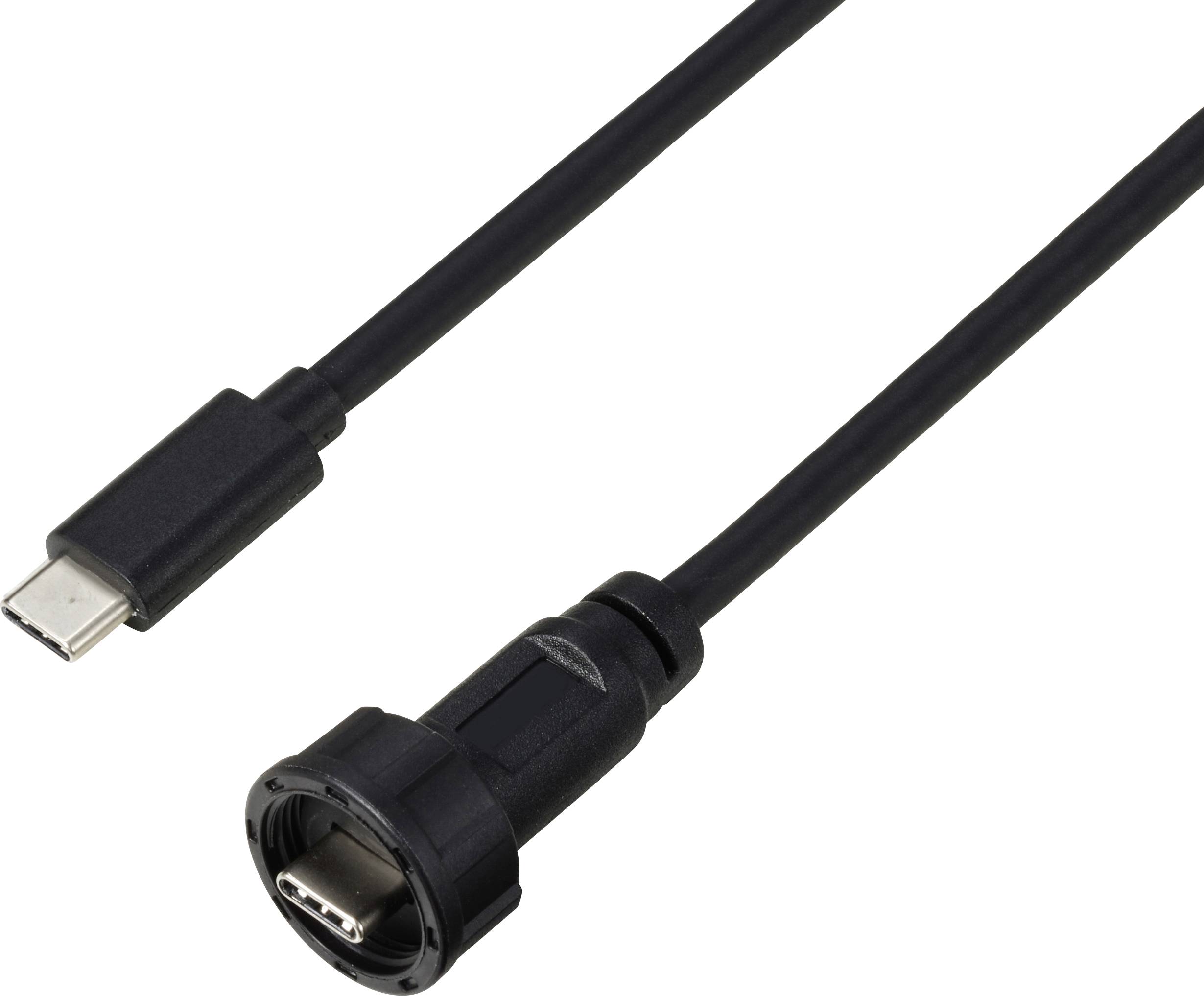Deux câbles noirs. À gauche, une fiche USB-C, à droite, un connecteur rond robuste. Pourraient être utilisés pour des connexions d'appareils résistantes.