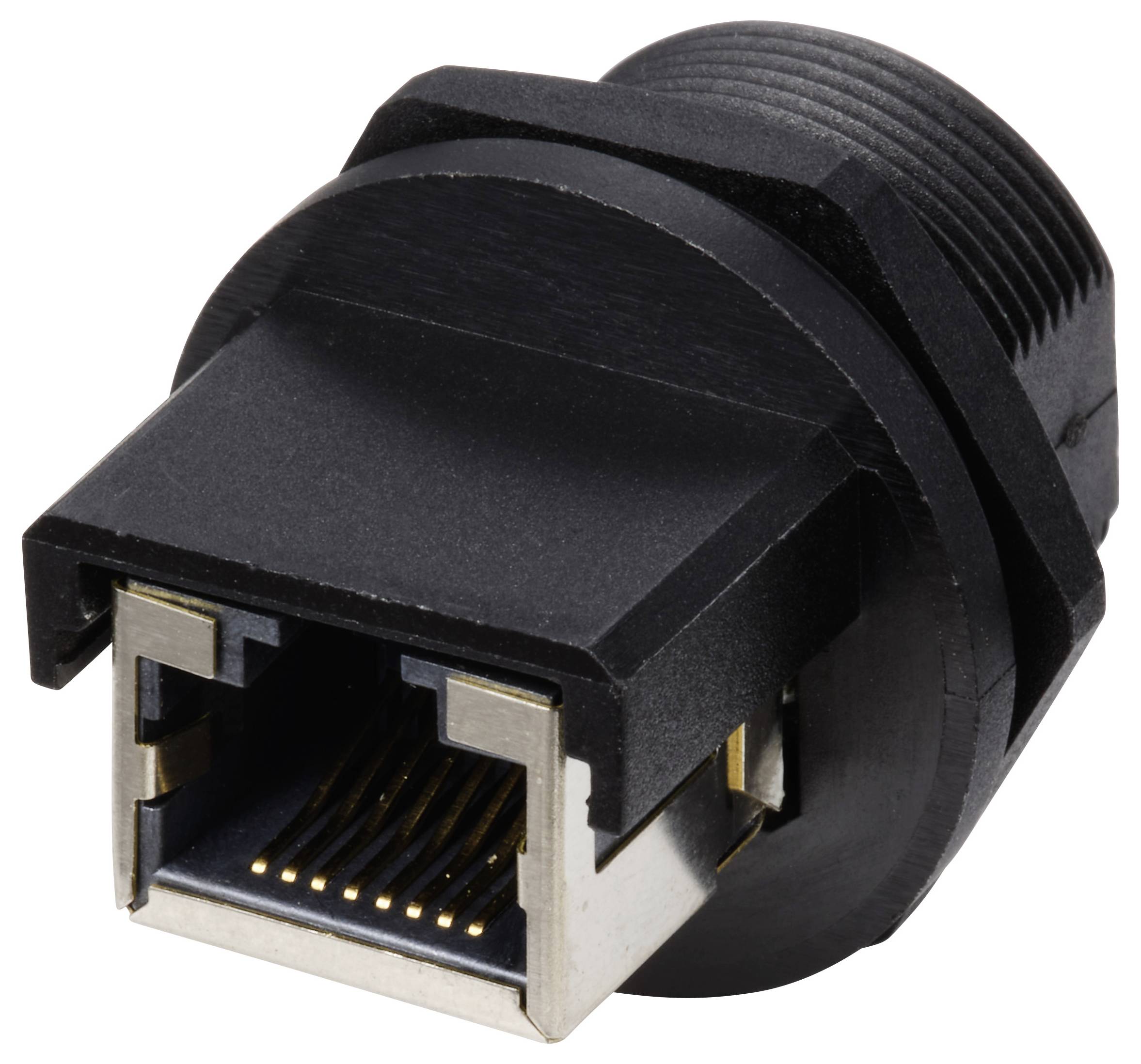 Prise RJ45 noire, vue rapprochée. La prise présente des contacts métalliques pour la connexion de câbles Ethernet.