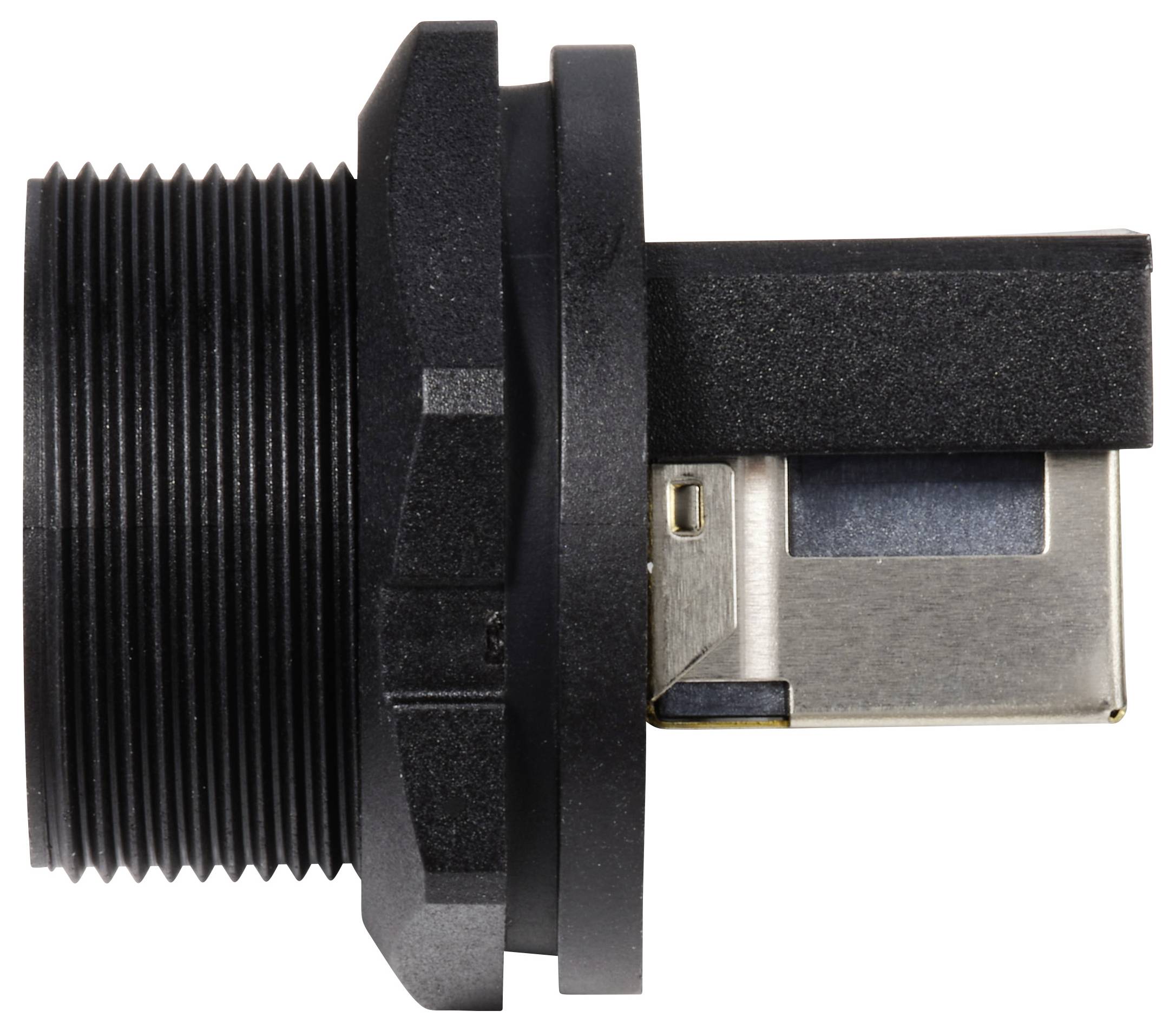 Un connecteur noir avec des contacts métalliques et un filetage cylindrique à l'extrémité gauche.