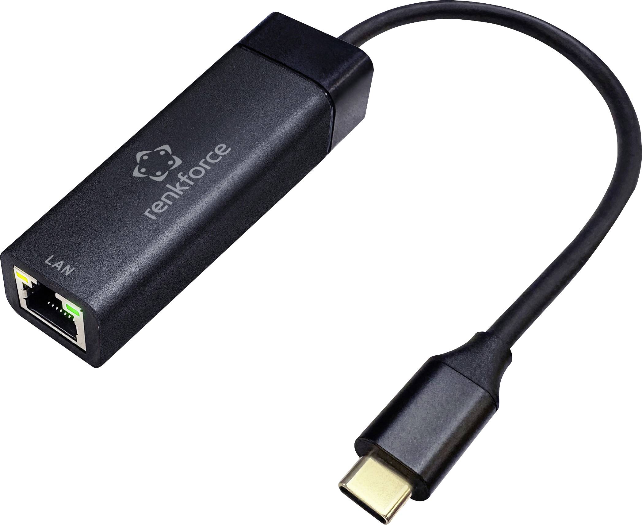 Un adaptateur USB-C vers LAN noir de Renkforce avec port LAN, doté de voyants de statut verts et jaunes.