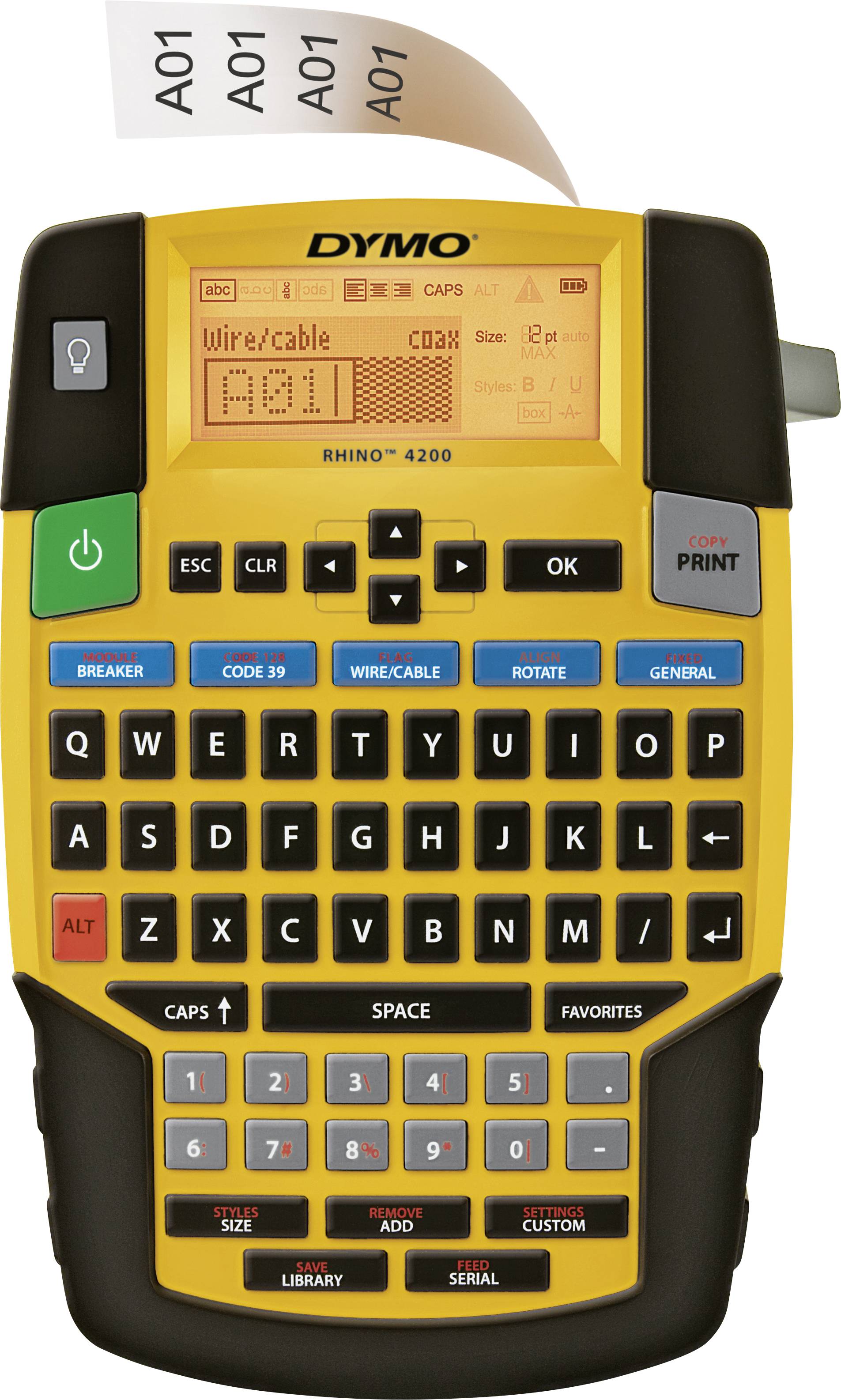 Un dispositif portable de marquage jaune avec un clavier alphanumérique. Il imprime une étiquette avec 'A01'. Principalement utilisé pour l'identification des câbles et des fils.