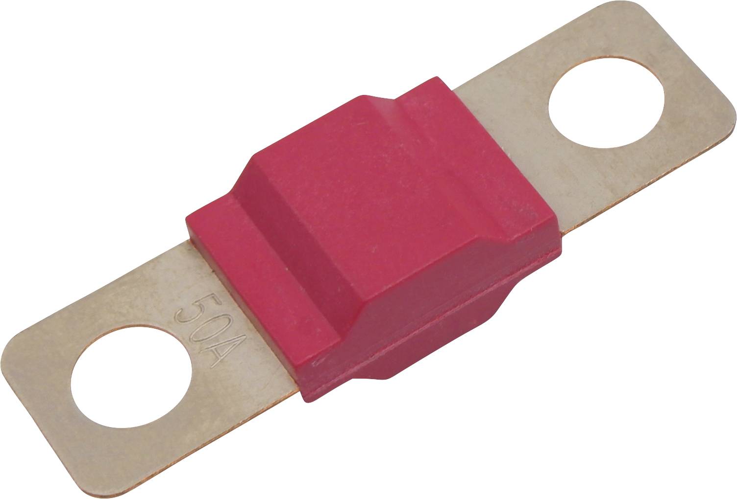 Fusible plat rouge avec deux contacts métalliques, typiquement utilisé pour protéger les circuits électriques.