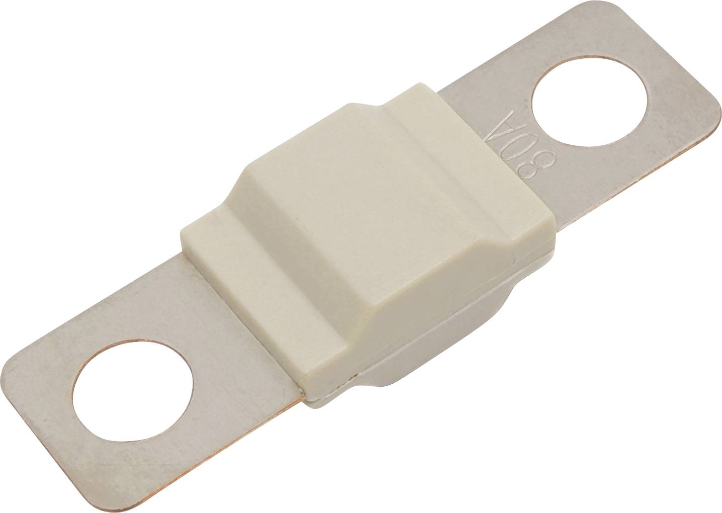 Un disjoncteur blanc avec des embouts métalliques et des trous latéraux pour la fixation dans un système électrique.