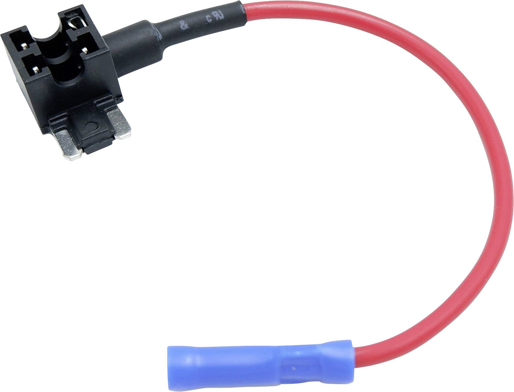 Un câble rouge avec un support de fusible d'un côté et une connexion bleue de l'autre côté.