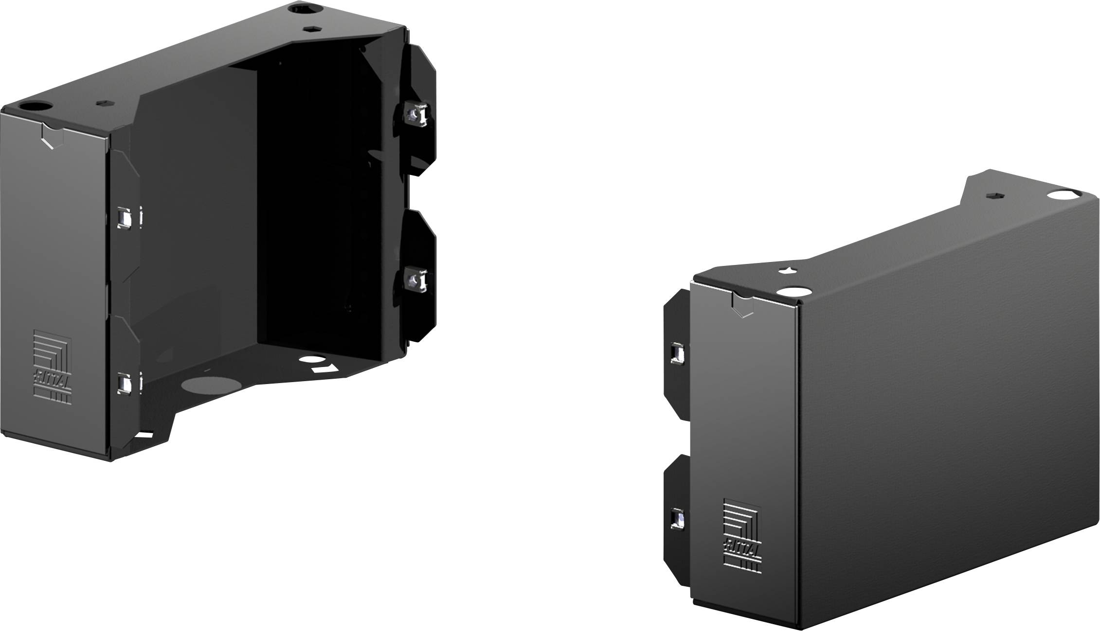 Deux boîtiers électroniques noirs représentés sous différents angles. L'un montre la face avant, l'autre une vue latérale.