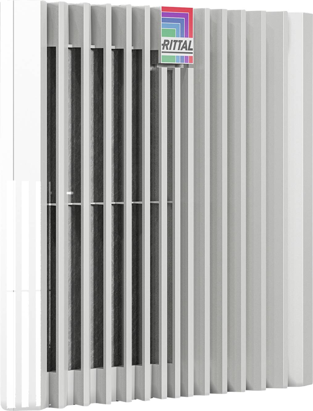 Un dissipateur thermique blanc avec des ailettes verticales et un logo 'Rittal' coloré en haut à droite.