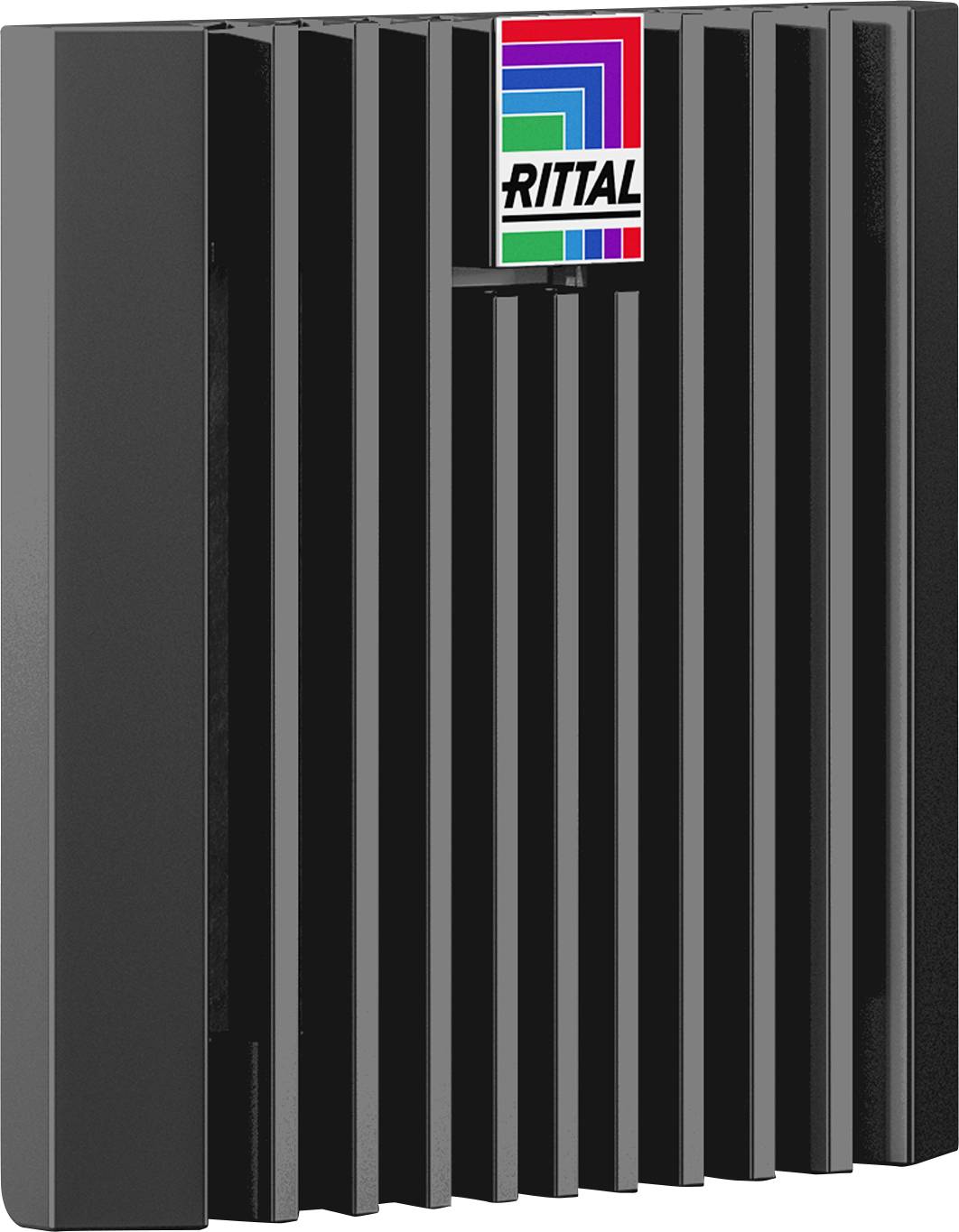 Appareil de refroidissement noir de Rittal avec lamelles verticales, adapté aux applications industrielles pour la régulation thermique.
