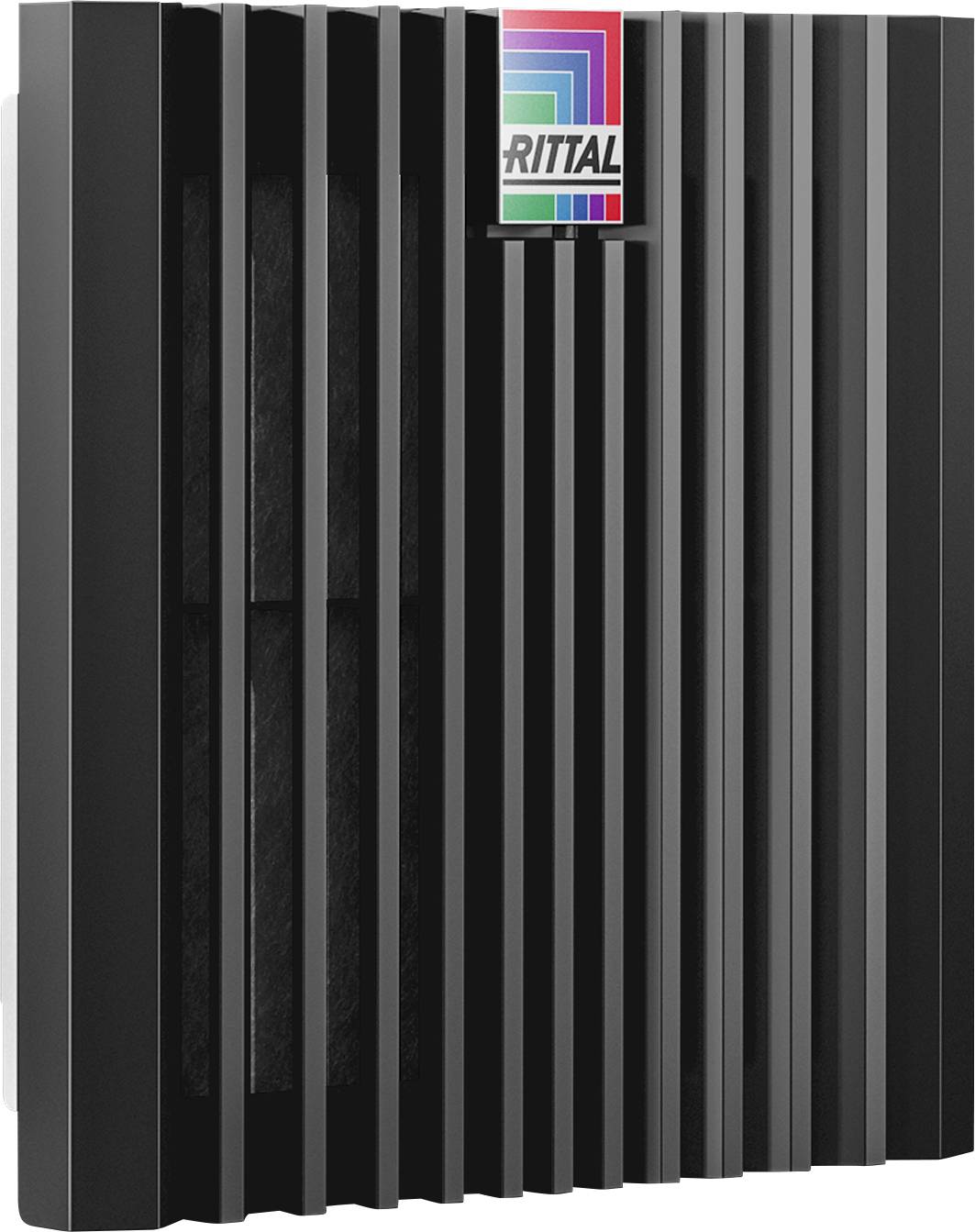 Dissipateur thermique de conception noir à lamelles avec un logo Rittal en haut. Utilisé pour l'évacuation de la chaleur dans les appareils électroniques.