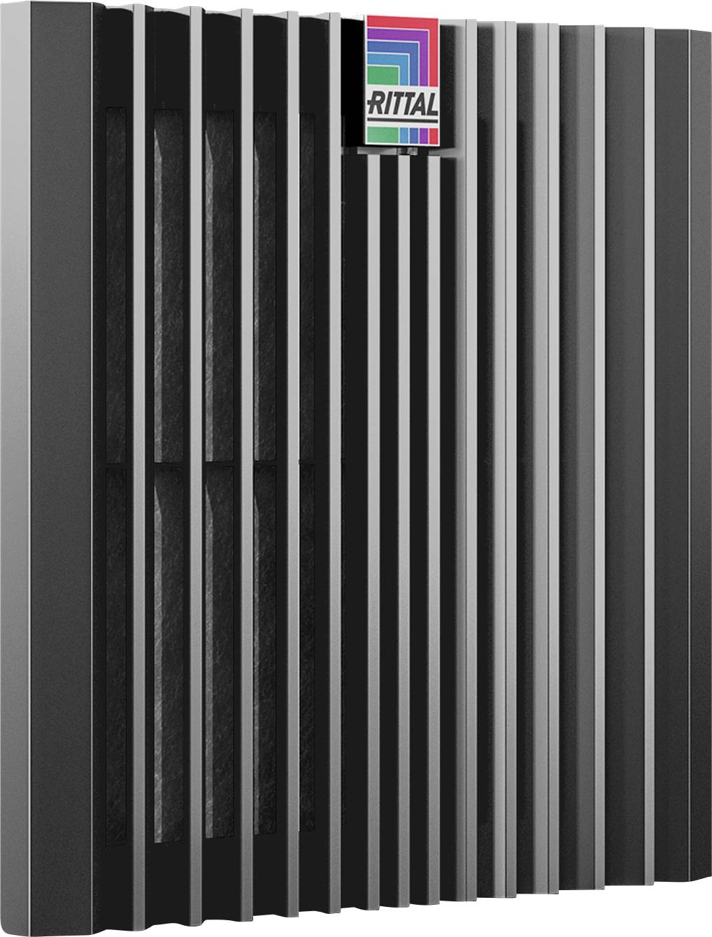 Dissipateur thermique noir avec ailettes verticales et logo coloré en haut.