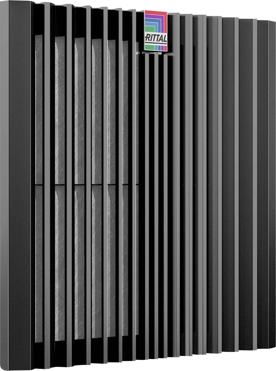 Appareil de réfrigération avec boîtier noir et ailettes verticales, logo en haut à droite.