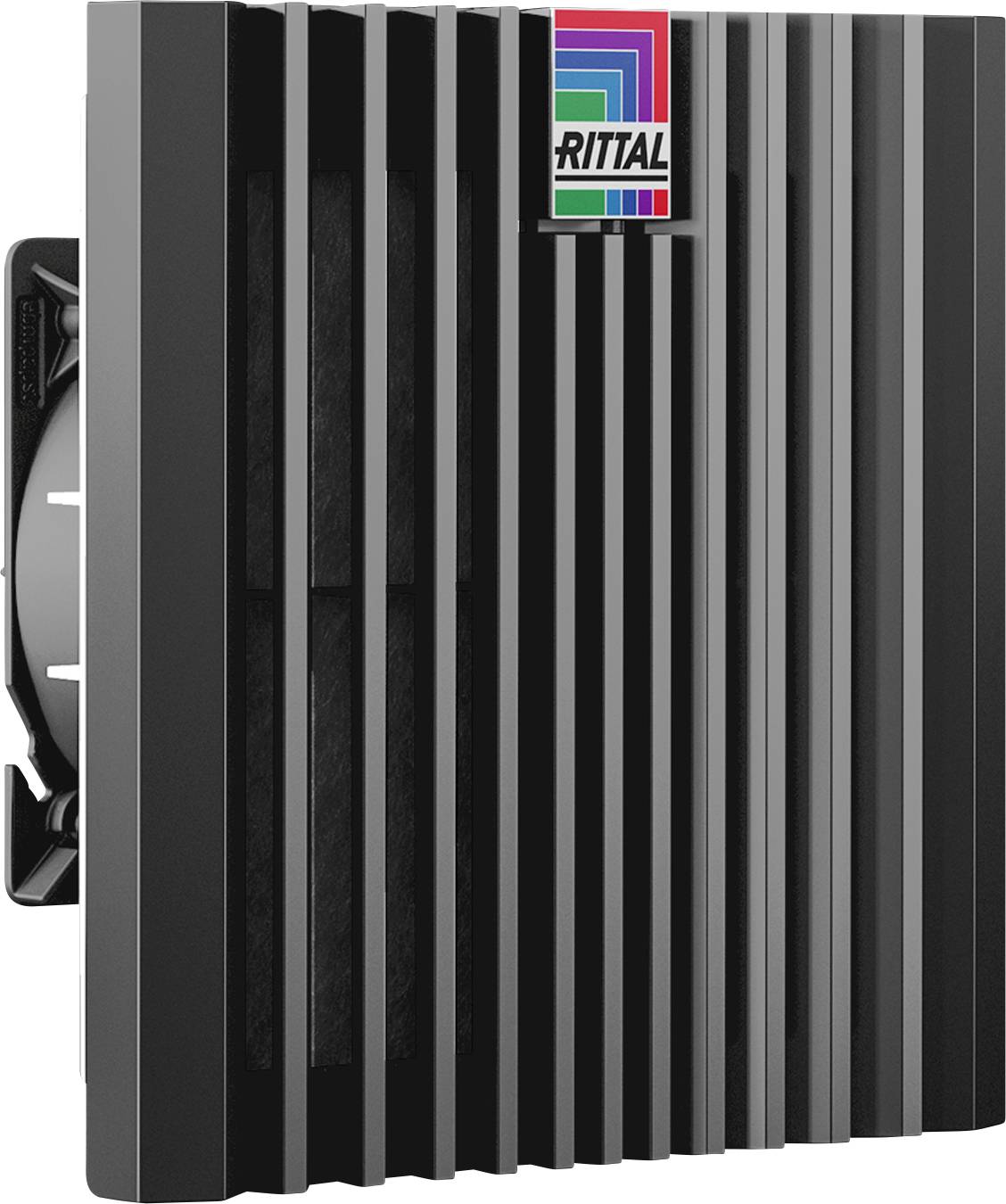 Ventilateur de boîtier au design à ailettes noires, logo dans le coin. Principalement utilisé pour la ventilation ou le refroidissement de boîtiers électroniques.