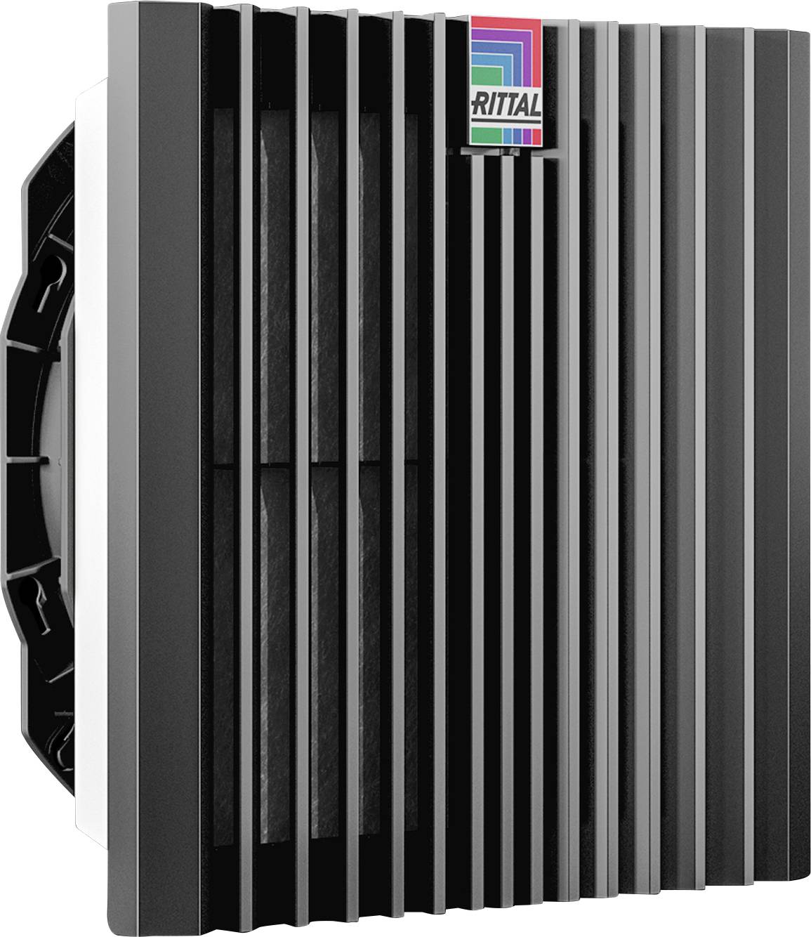 Unité de ventilation de forme rectangulaire avec boîtier nervuré noir et logo Rittal en haut à droite.