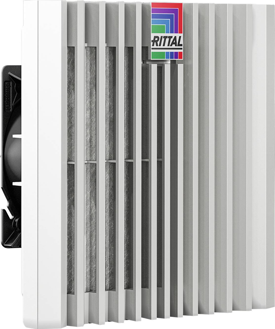 Une grille de ventilation avec ventilateur et logo Rittal. Conçue pour les systèmes de refroidissement et de ventilation.