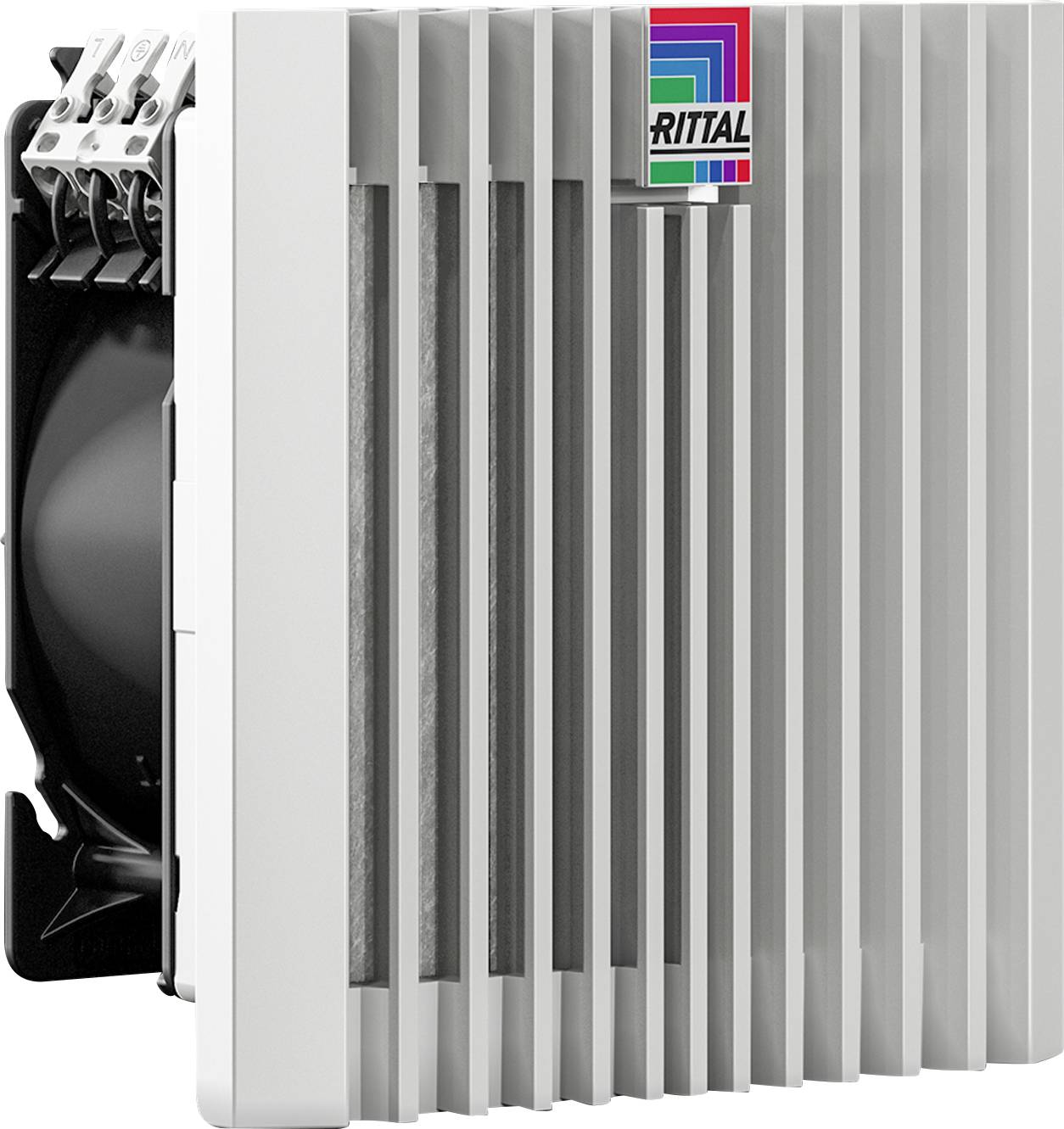 Un ventilateur électrique blanc à ailettes verticales, vue de côté, avec le logo Rittal en haut à droite. Utilisé pour la ventilation des armoires électriques.