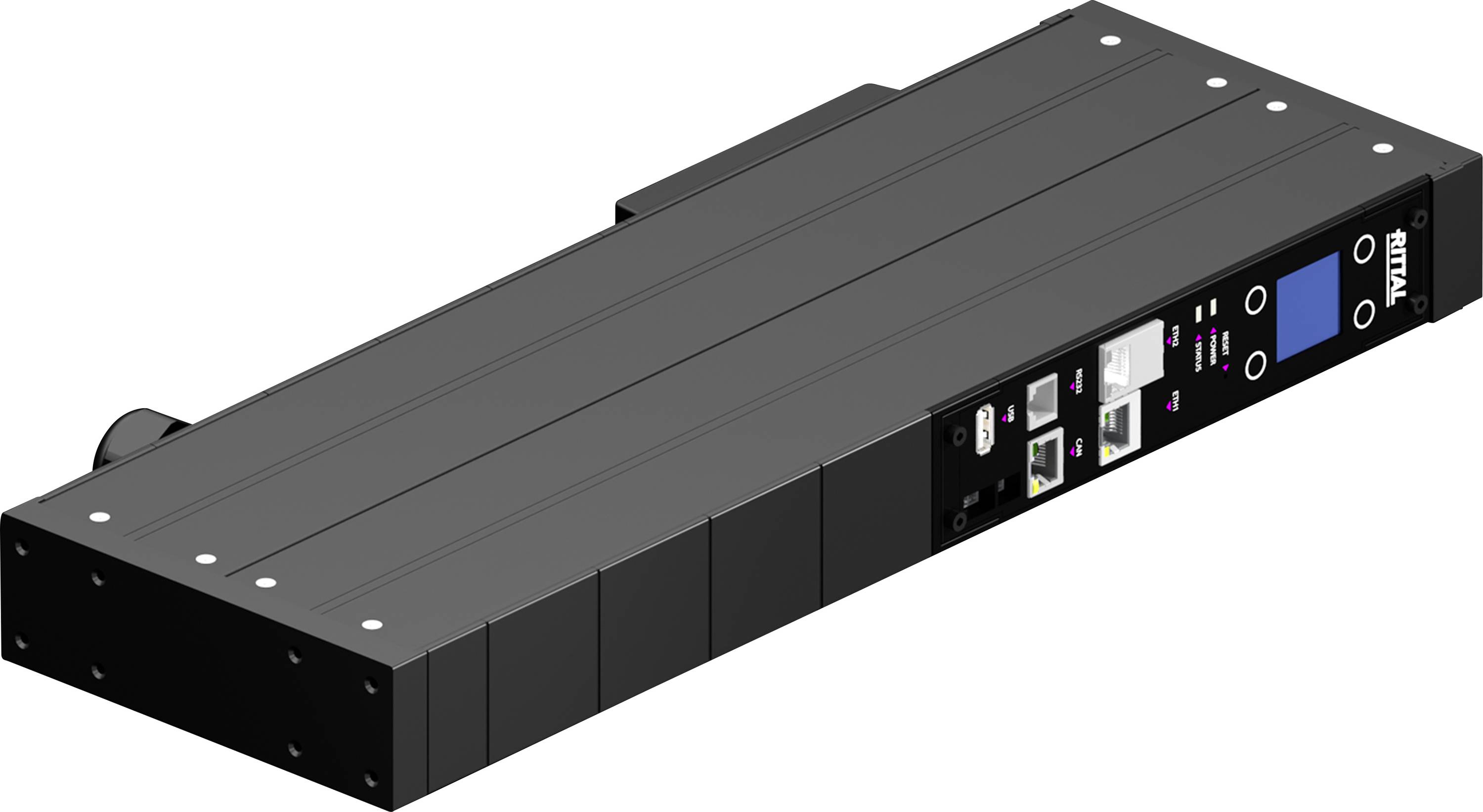 Un dispositif électronique rectangulaire noir doté de plusieurs ports et d'un petit écran sur la façade avant.