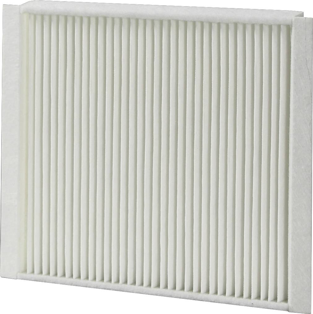 Filtre à air avec un motif plissé blanc dans un cadre rectangulaire, utilisé pour purifier l'air dans les appareils ménagers ou les véhicules.