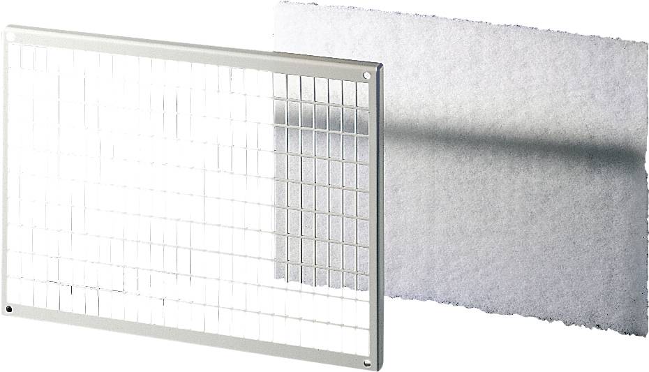 Un filtre à air rectangulaire avec grille métallique et matériau blanc translucide situé derrière, probablement destiné aux systèmes de ventilation.