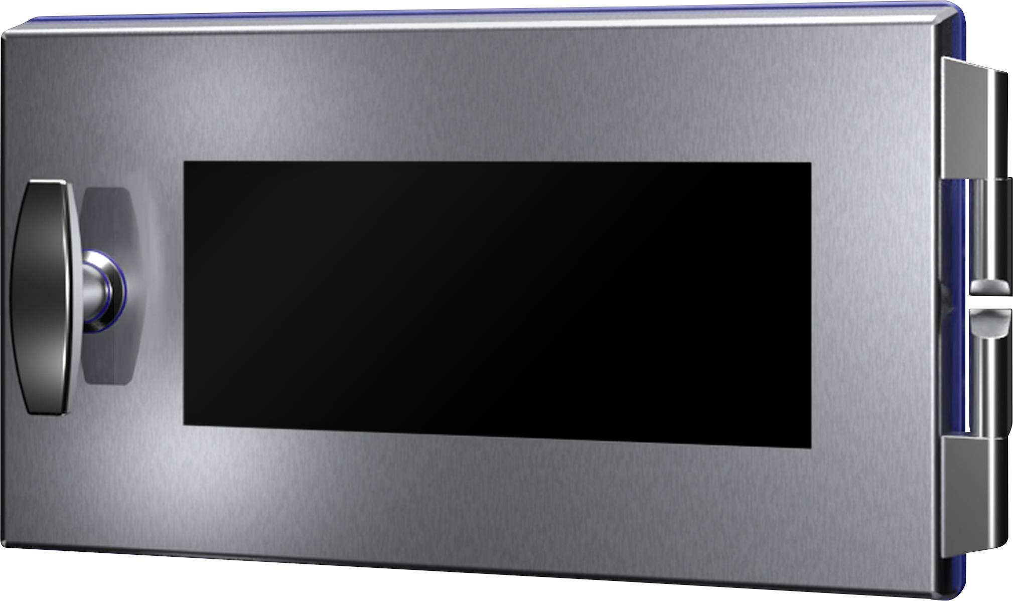 Boîte rectangulaire métallique avec poignée et insert noir au centre, probablement un panneau de commande ou une porte d'armoire.