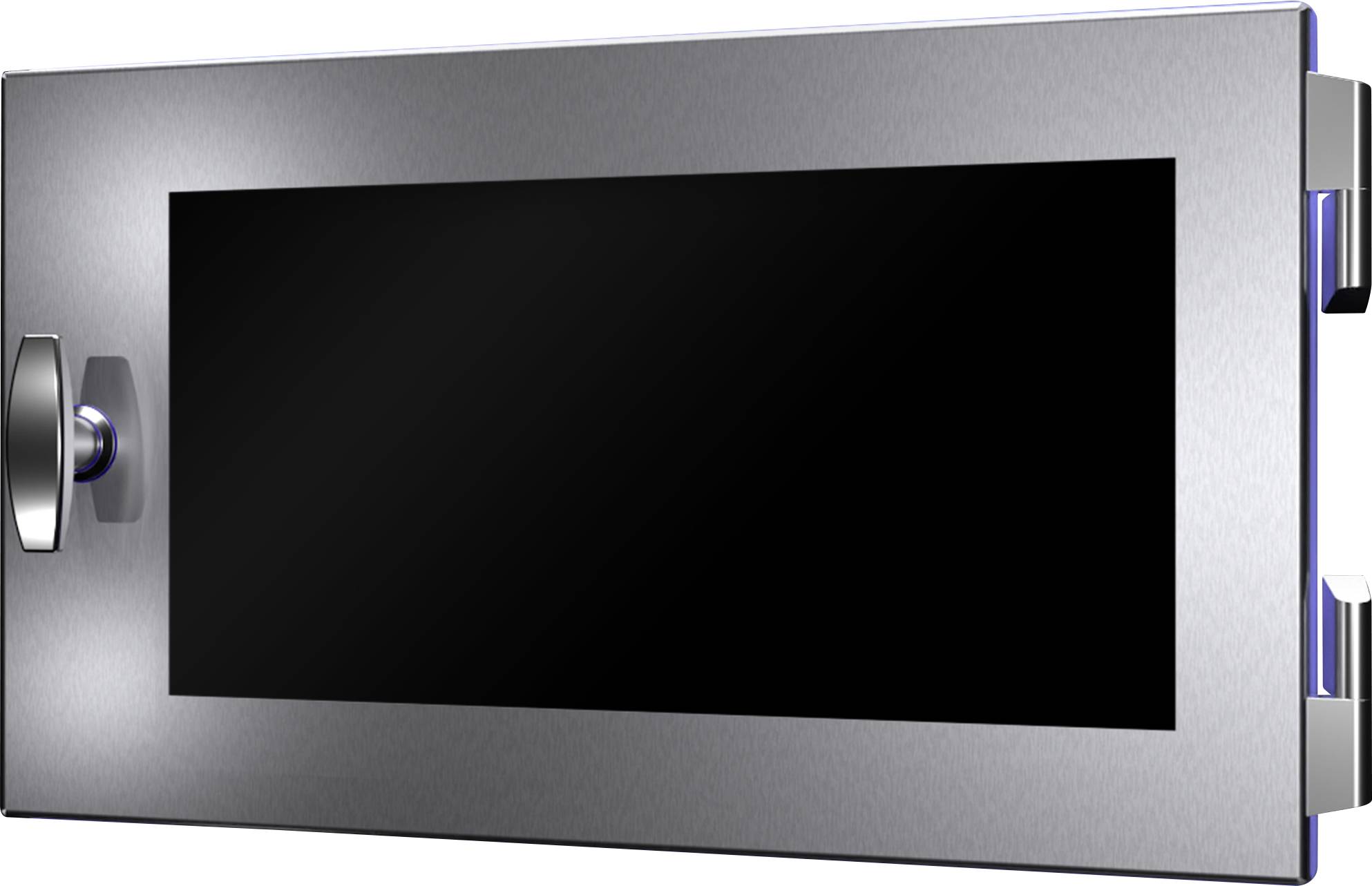 Un coffre-fort rectangulaire en argent avec un bouton rotatif sur la façade.