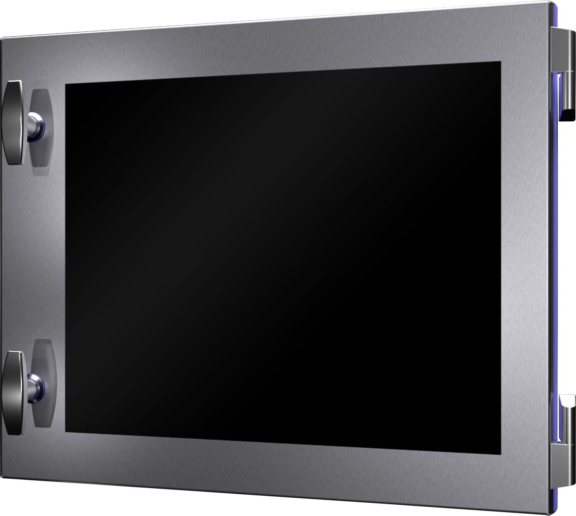 Porte en verre noir rectangulaire avec un cadre argenté et deux poignées noires.