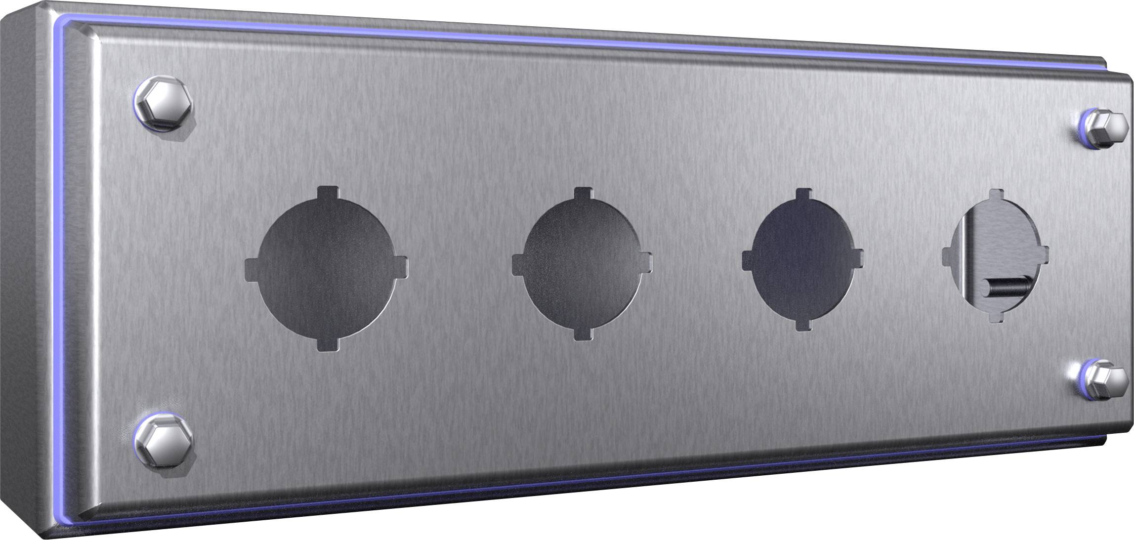 Panneau métallique avec quatre supports circulaires et un évidement rectangulaire, adapté pour la fixation d'accessoires. Vis aux coins.