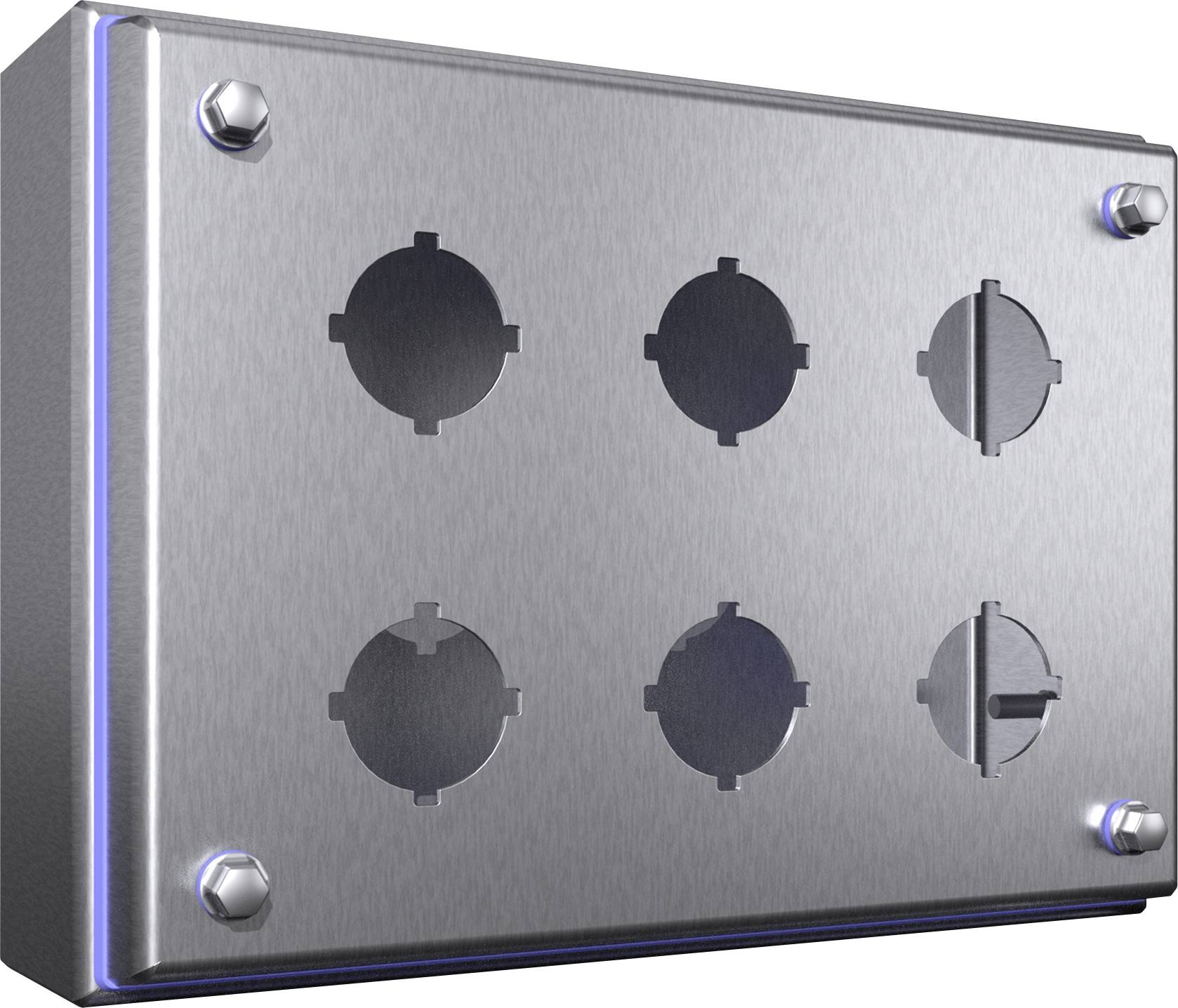 Six prises rondes argentées sur une plaque rectangulaire en métal, conçues pour des usages industriels.
