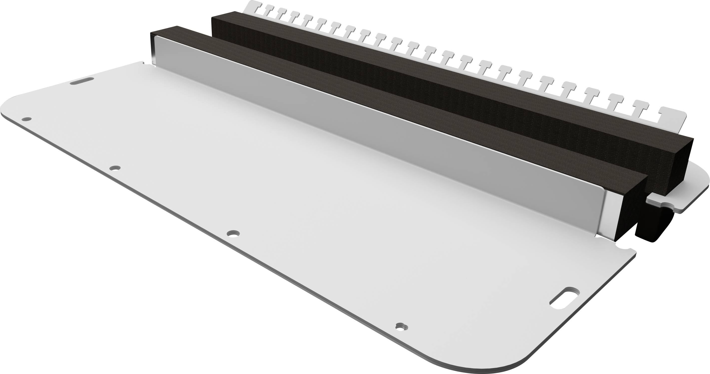 Une pièce en plastique blanc avec des rangées de petites chevilles métalliques sur un côté, probablement un composant ou un module de connexion.