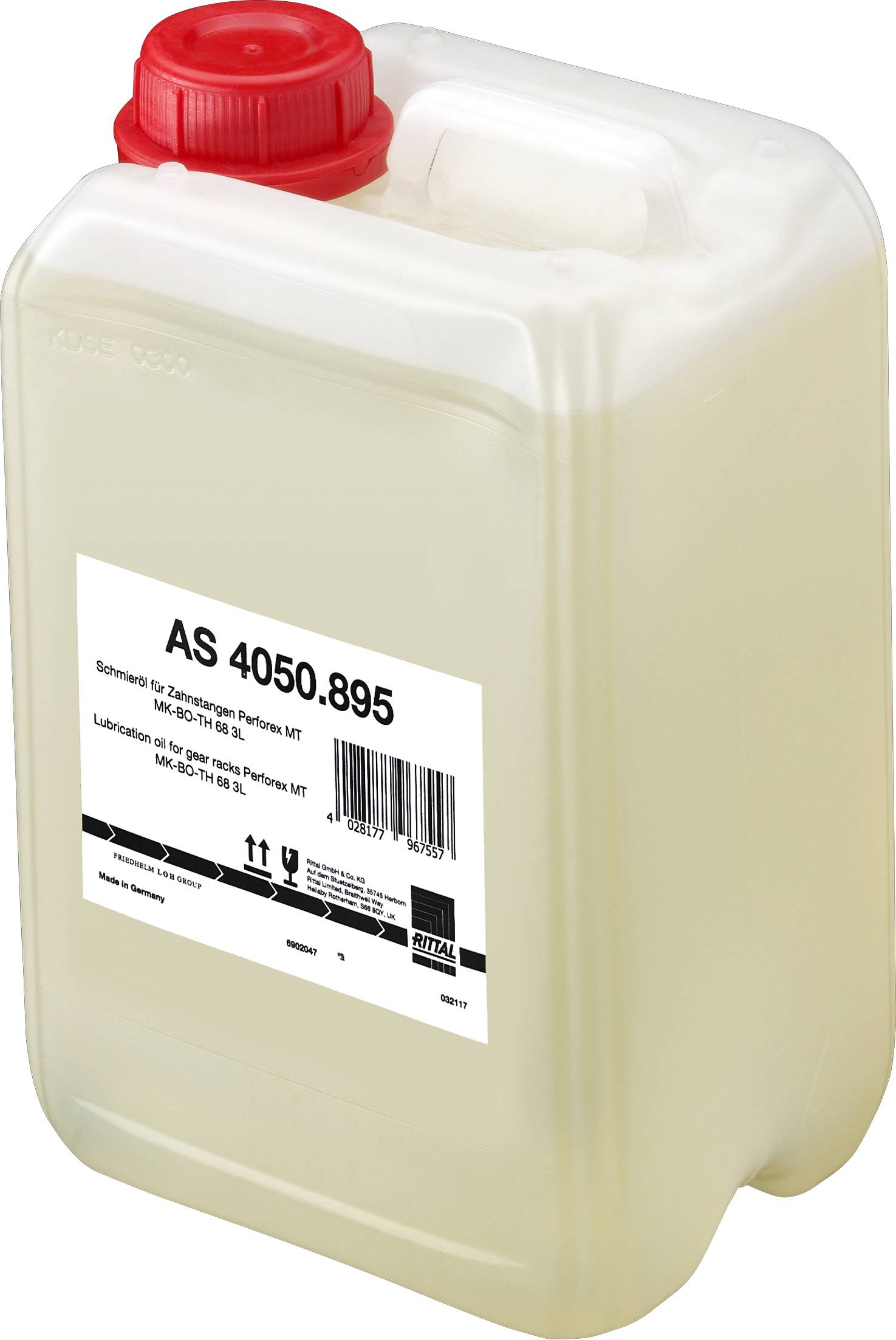 Un bidon en plastique transparent avec un bouchon rouge. Texte de l'étiquette : « AS 4050.895 », contenant des détails sur la composition du solvant.