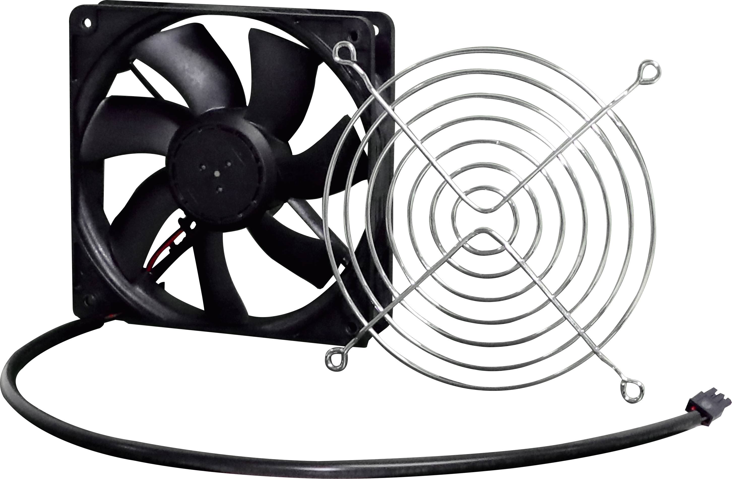 Un ventilateur noir avec grille de protection et câble. Le ventilateur a sept pales et est adapté pour le refroidissement.