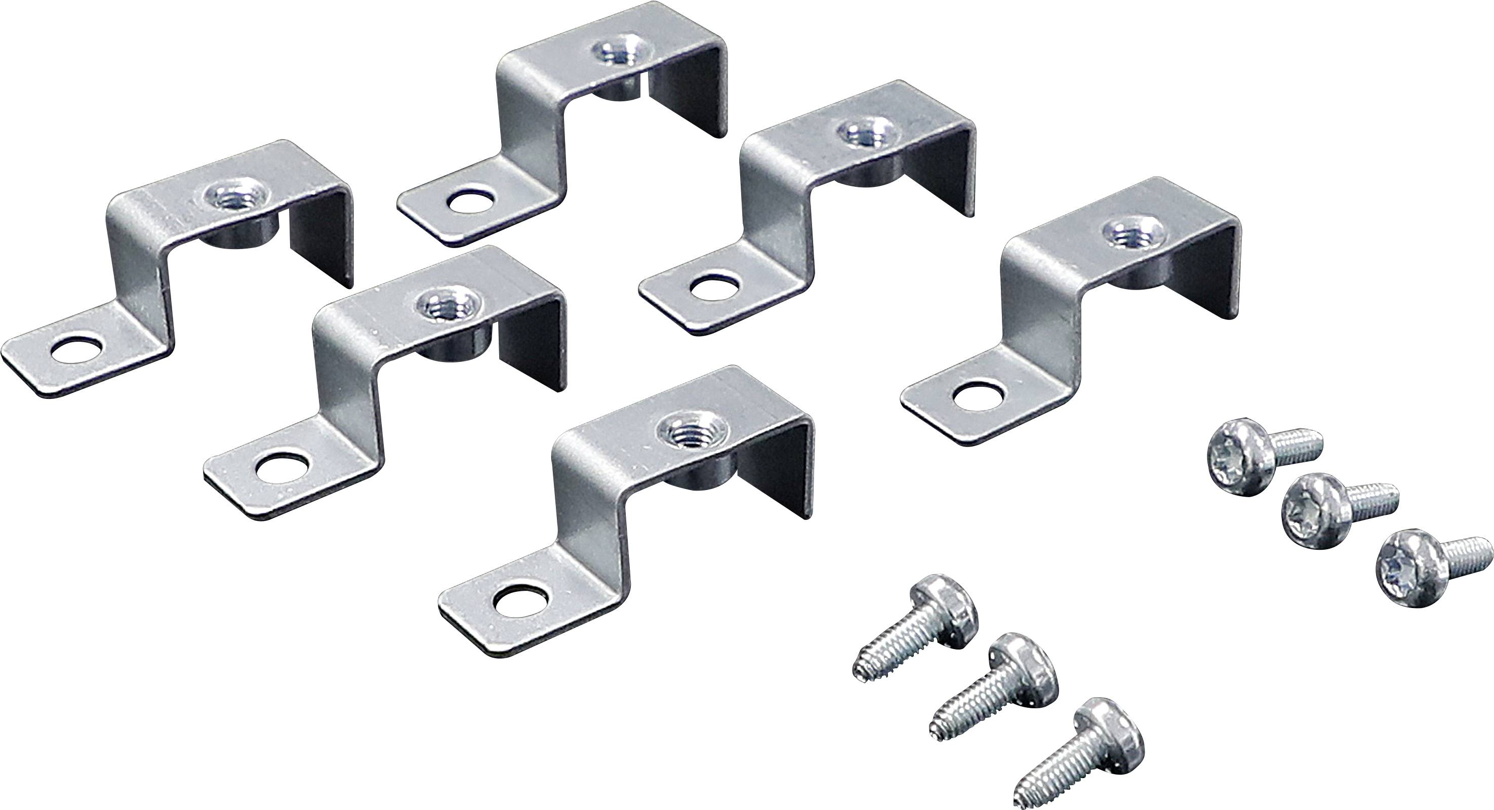 Six attaches métalliques avec des vis, sur un fond blanc. Utilisées pour la fixation d'objets aux murs ou aux plafonds.