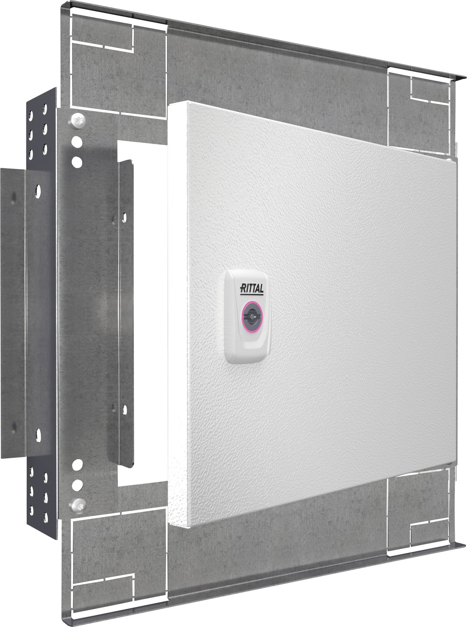 Armoire métallique encastrée dans le mur, légèrement entrouverte, avec une charnière métallique visible. Un autocollant 'Rittal' sur la porte indique la marque.