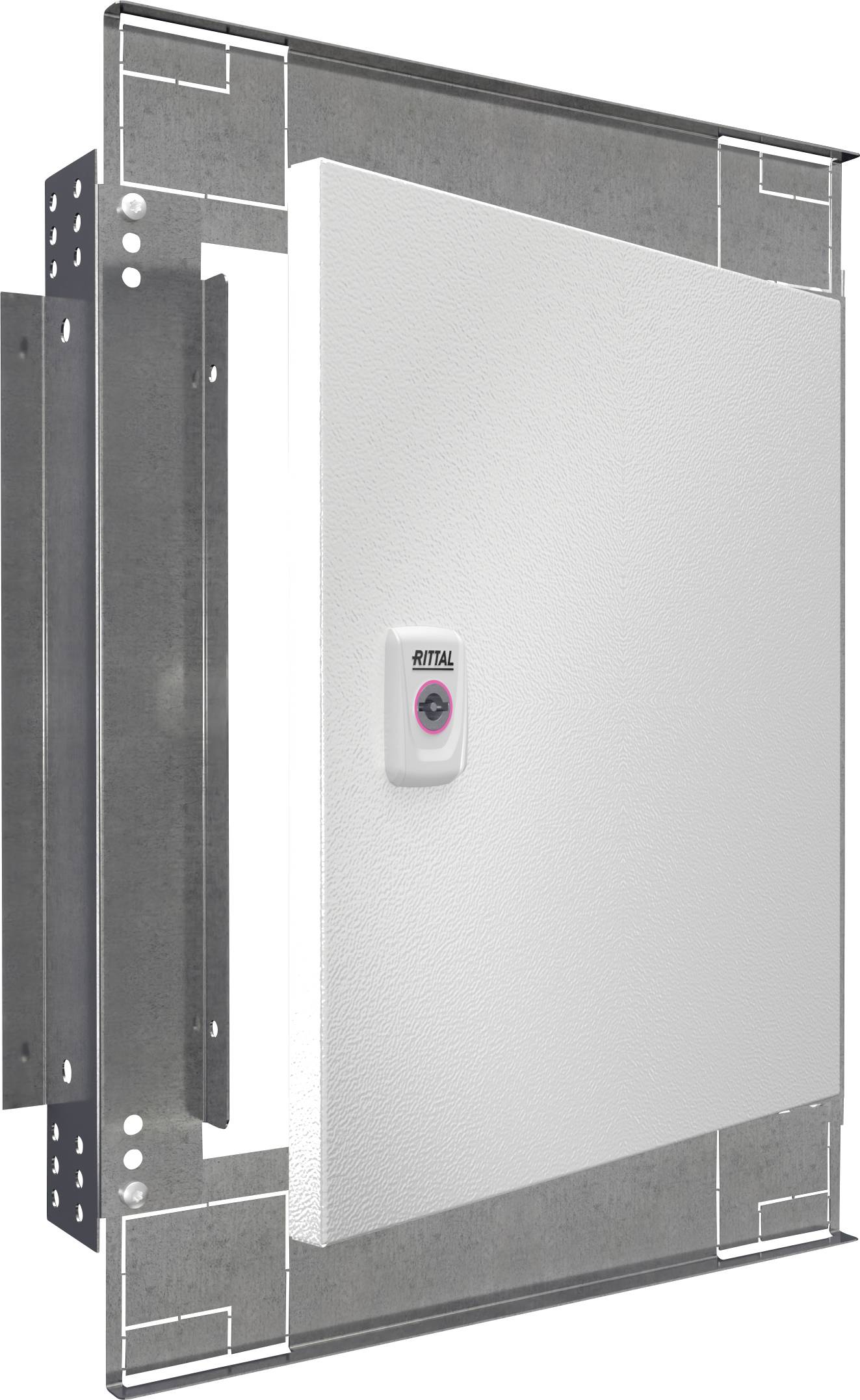 Porte d'armoire métallique avec un panneau blanc et un petit rectangle portant le logo 'RITTAL' au centre. Adaptée à l'intégration dans des armoires électriques.
