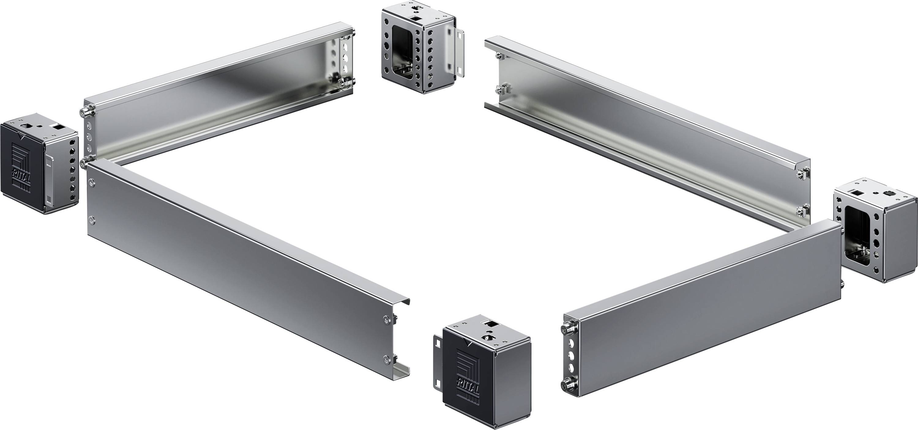 Composants de cadre métallique disposés en rectangle, composés de quatre longues rails et de quatre connecteurs cubiques, prêts à être assemblés.