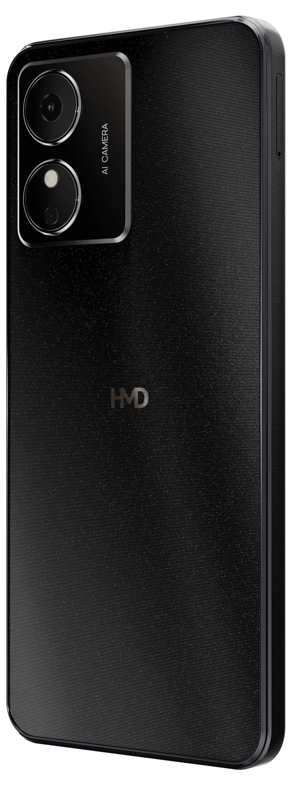 Un smartphone noir avec deux objectifs de caméra à l'arrière et le logo 'HMD' au centre.