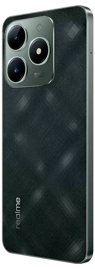 Un smartphone avec trois objectifs photo et l'inscription 'realme' au dos. Le boîtier présente un design sombre et mat.