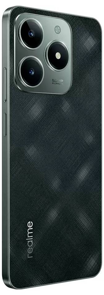 Smartphone avec triple objectif photo à l'arrière, aligné verticalement, design de boîtier noir brillant, logo de marque en bas.