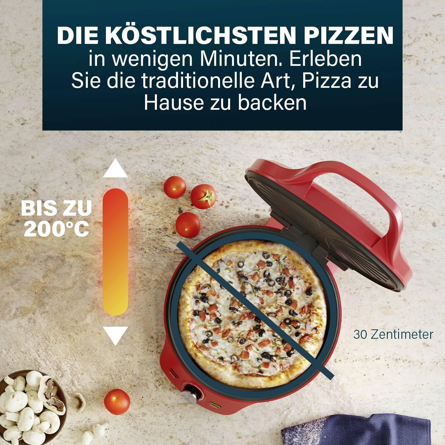Four à pizza jusqu'à 200°C. Préparez une pizza traditionnelle à la maison. Produit illustré à côté des ingrédients. Diamètre : 30 cm.