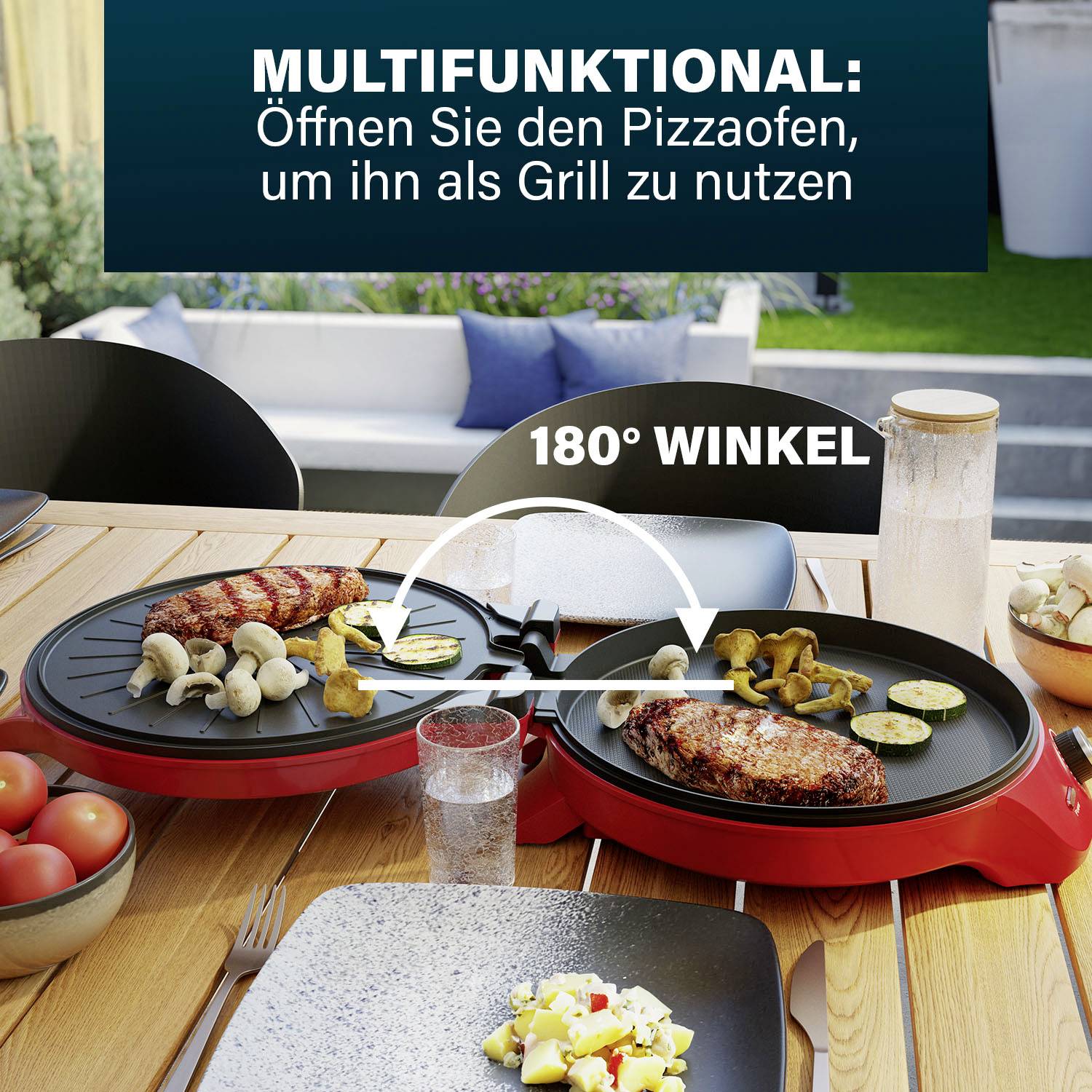 Four à pizza multifonctionnel sur une table de jardin. Une flèche démontre la fonction de rotation à 180 degrés pour griller des légumes et de la viande.