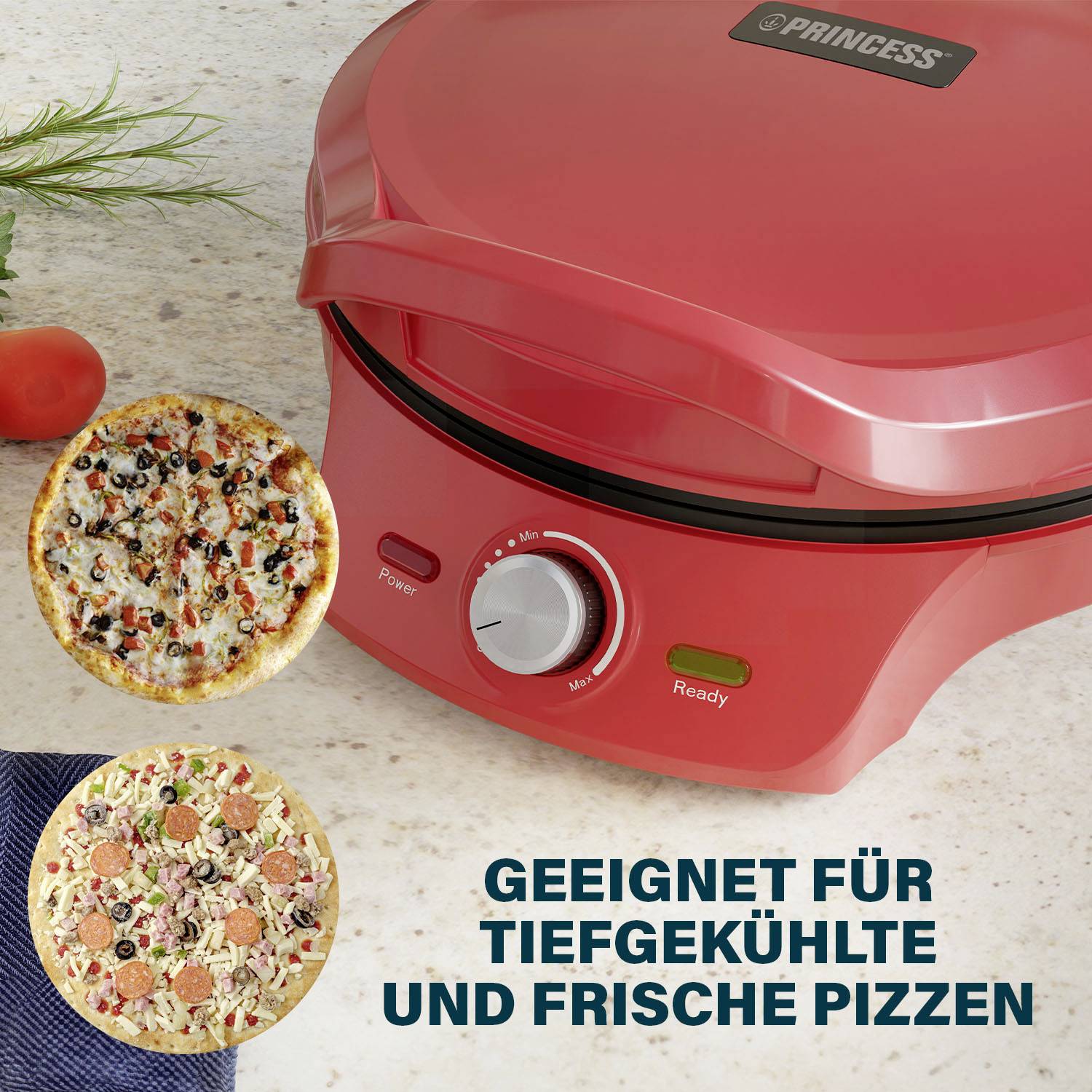 Four à pizza rouge avec régulateur de température ; adapté aux pizzas surgelées et fraîches.