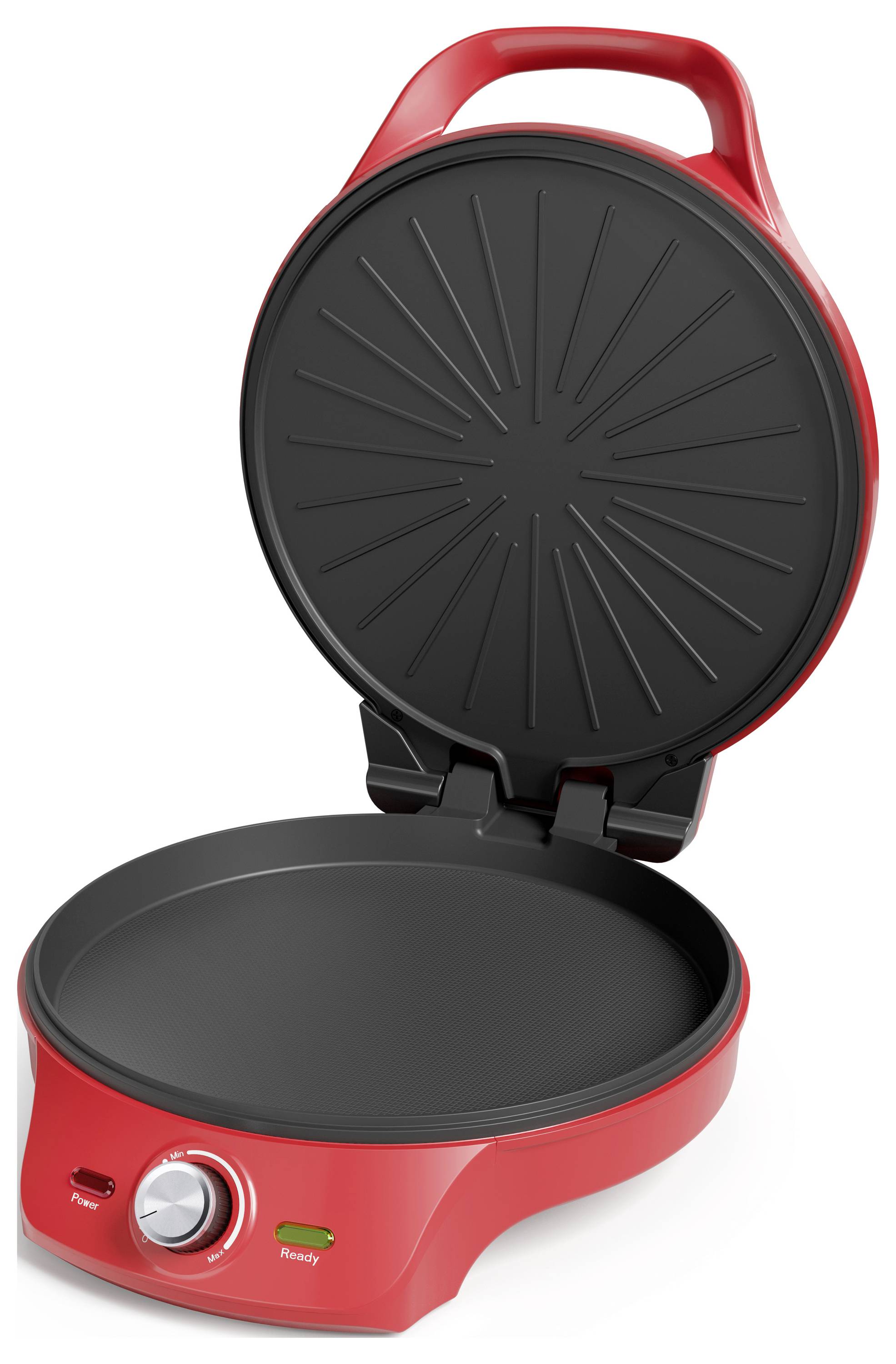 Un appareil de cuisine rouge doté d'un plateau de grill rond à revêtement antiadhésif et d'une poignée. Il est équipé d'un cadran de minuterie et de témoins lumineux.