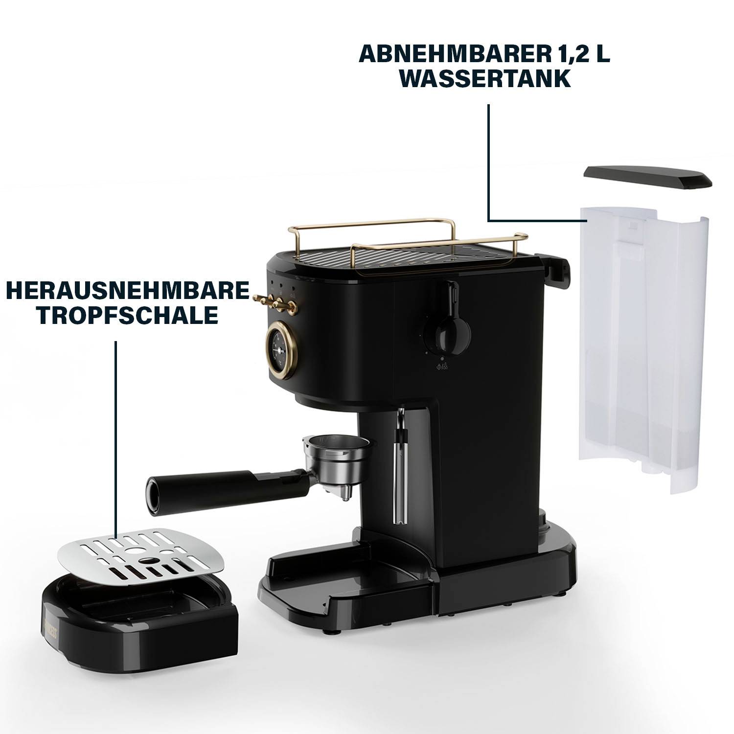 Machine à espresso noire avec réservoir d'eau amovible de 1,2 L et plateau égouttoir.