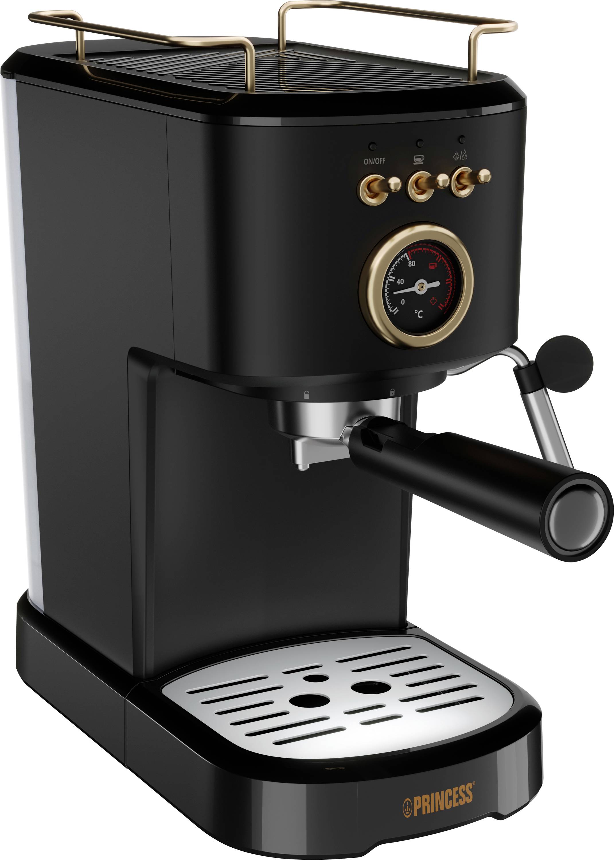 Machine à espresso noire avec éléments de commande dorés, indicateur de pression et plateau porte-tasses.